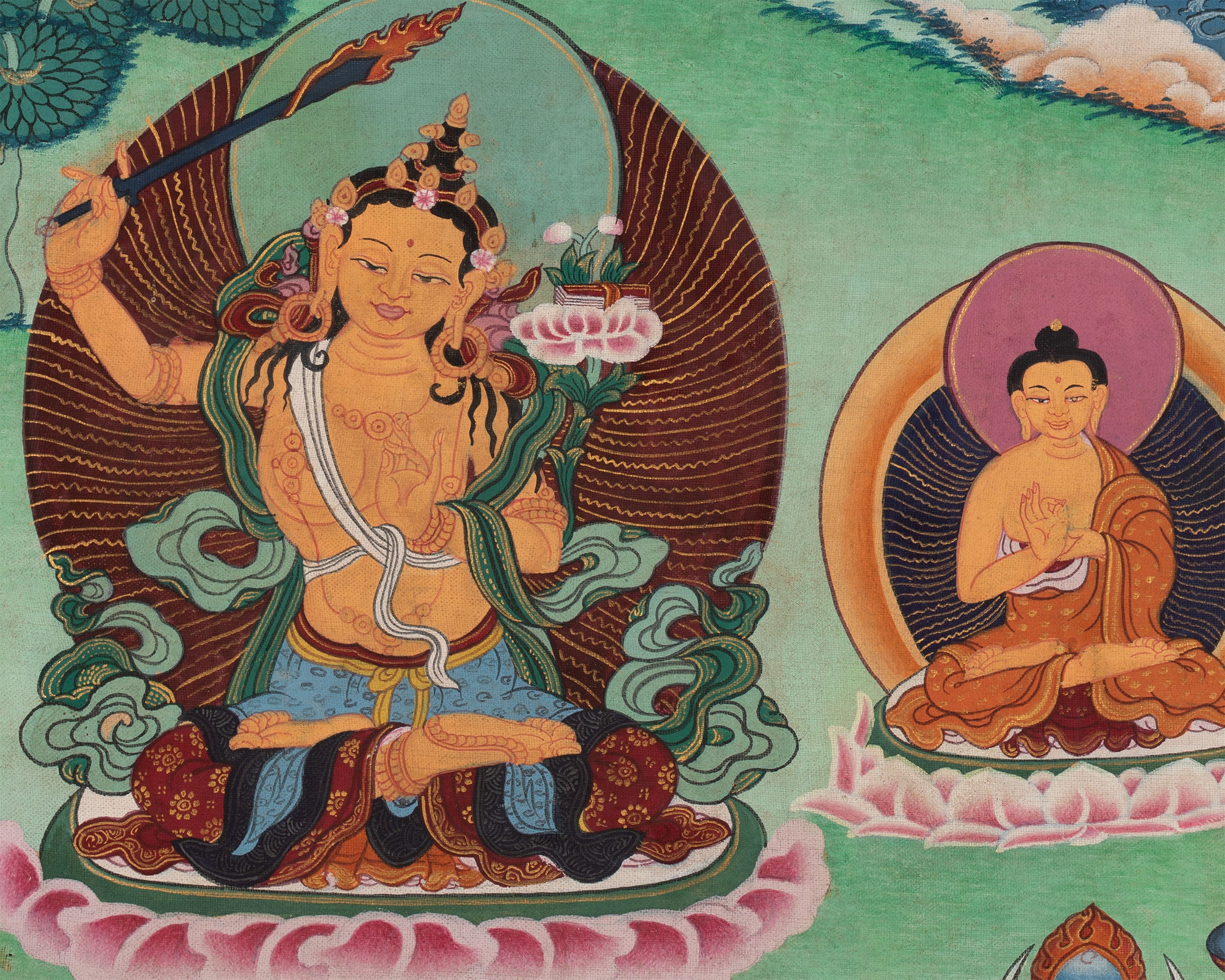 Original Vintage Chenrezig Thanka with Brocade | Traditional Thangka Art