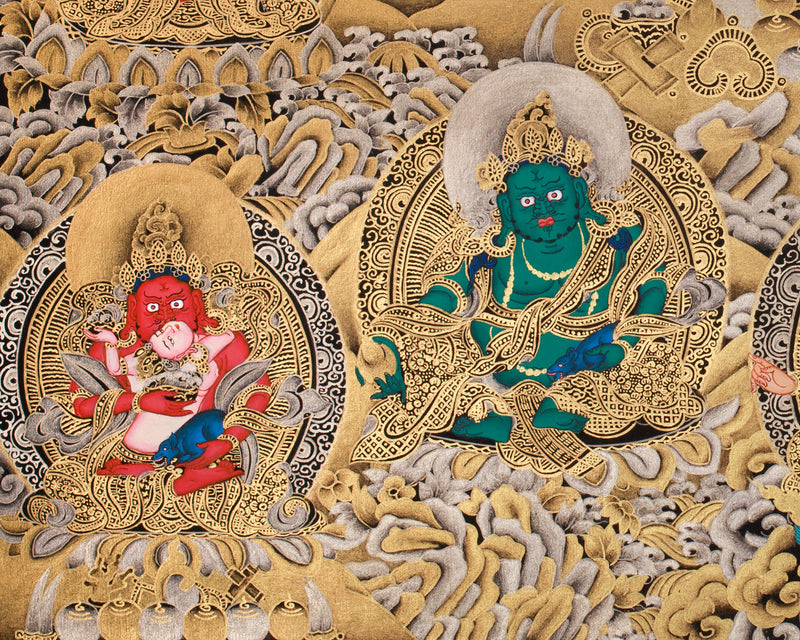 Exquisite Vaishravana, Guardian of the North Thangka | 24K Gold Embellished Art on Black Canvas