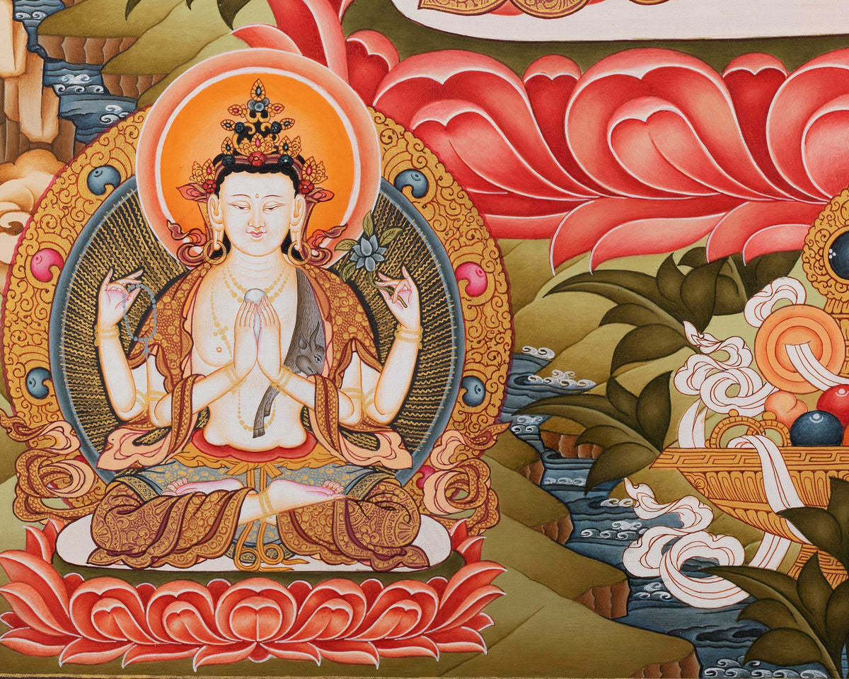 Manjushree The Deity of Wisdom Thangka  | Amitayus , Vajrapani & Chengresig Fine Quality Acrylic Art | Wisdom Buddha