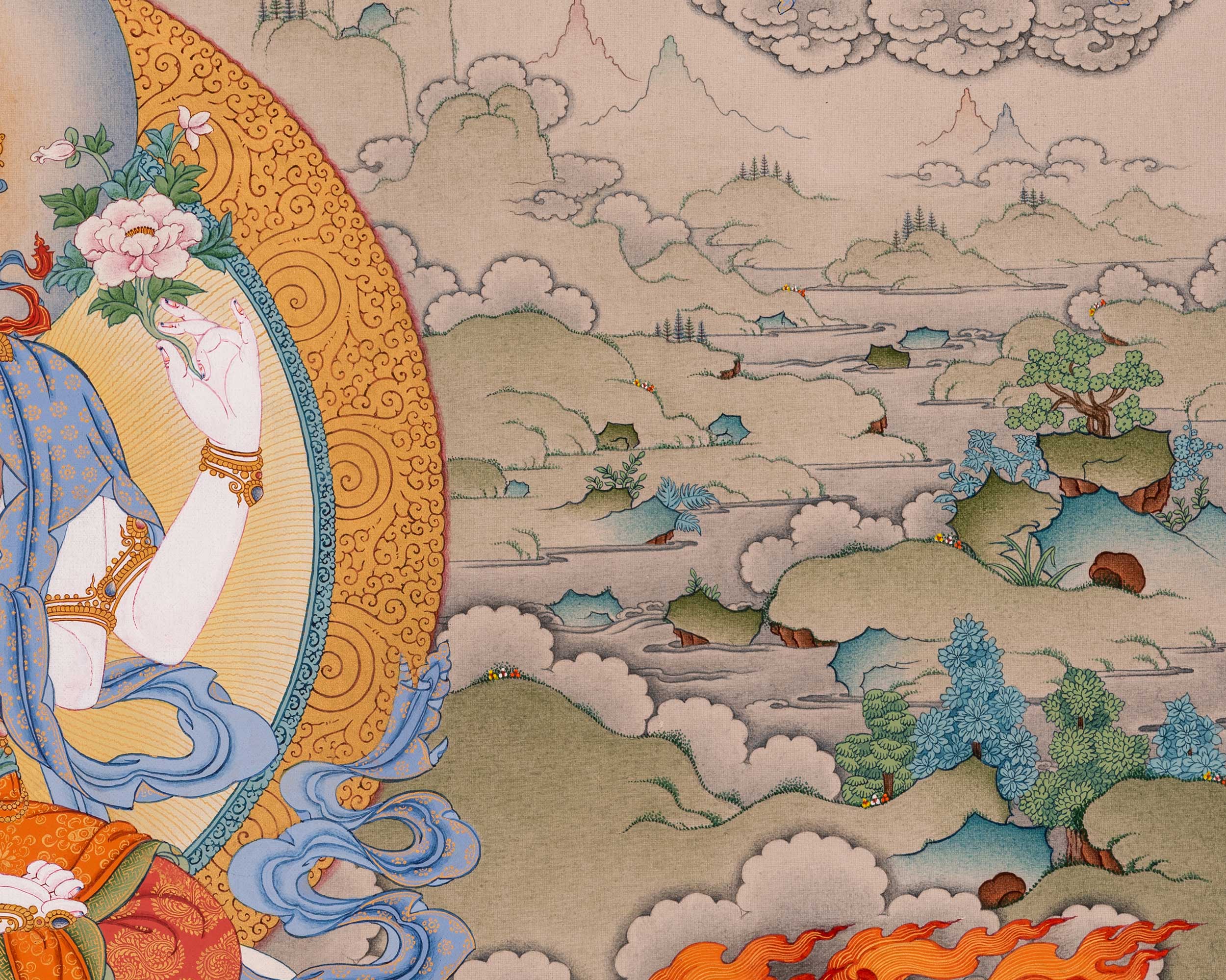 Four-Armed Avalokiteshvara Thangka Artwork Print | Traditional Bodhisattva Chenrezig on Cotton Canvas