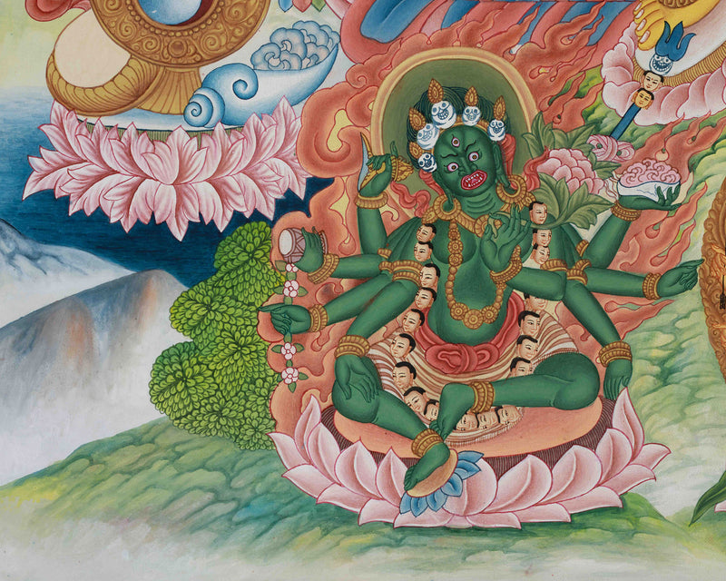 Yellow Dzambhala, The Wealth Deity Thangka | Prosperity Thangka With Five Dhyani Buddhas