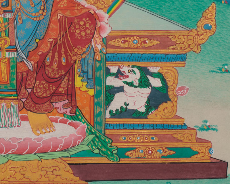 Future Buddha Maitreya Thangka | Sacred Art with Blue and Red Silk Brocade