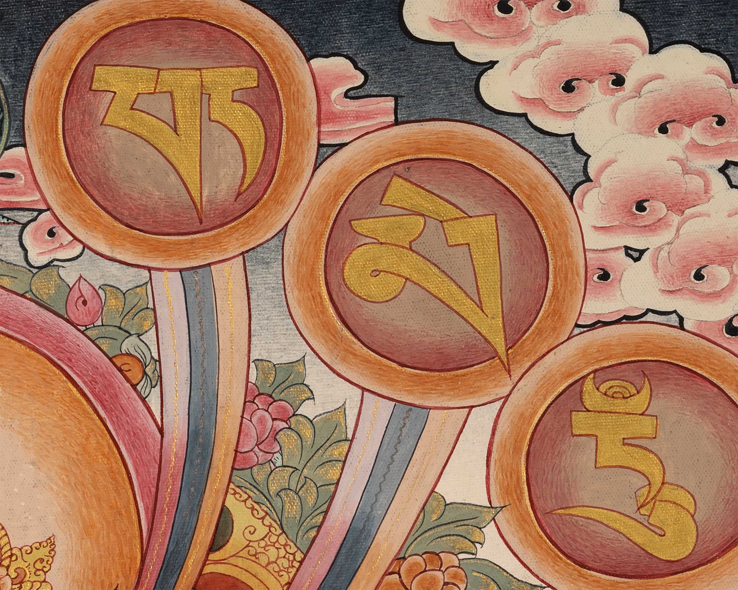 Thangka of Avalokiteshvara with Mantra | Featuring Manjushri and Vajrapani