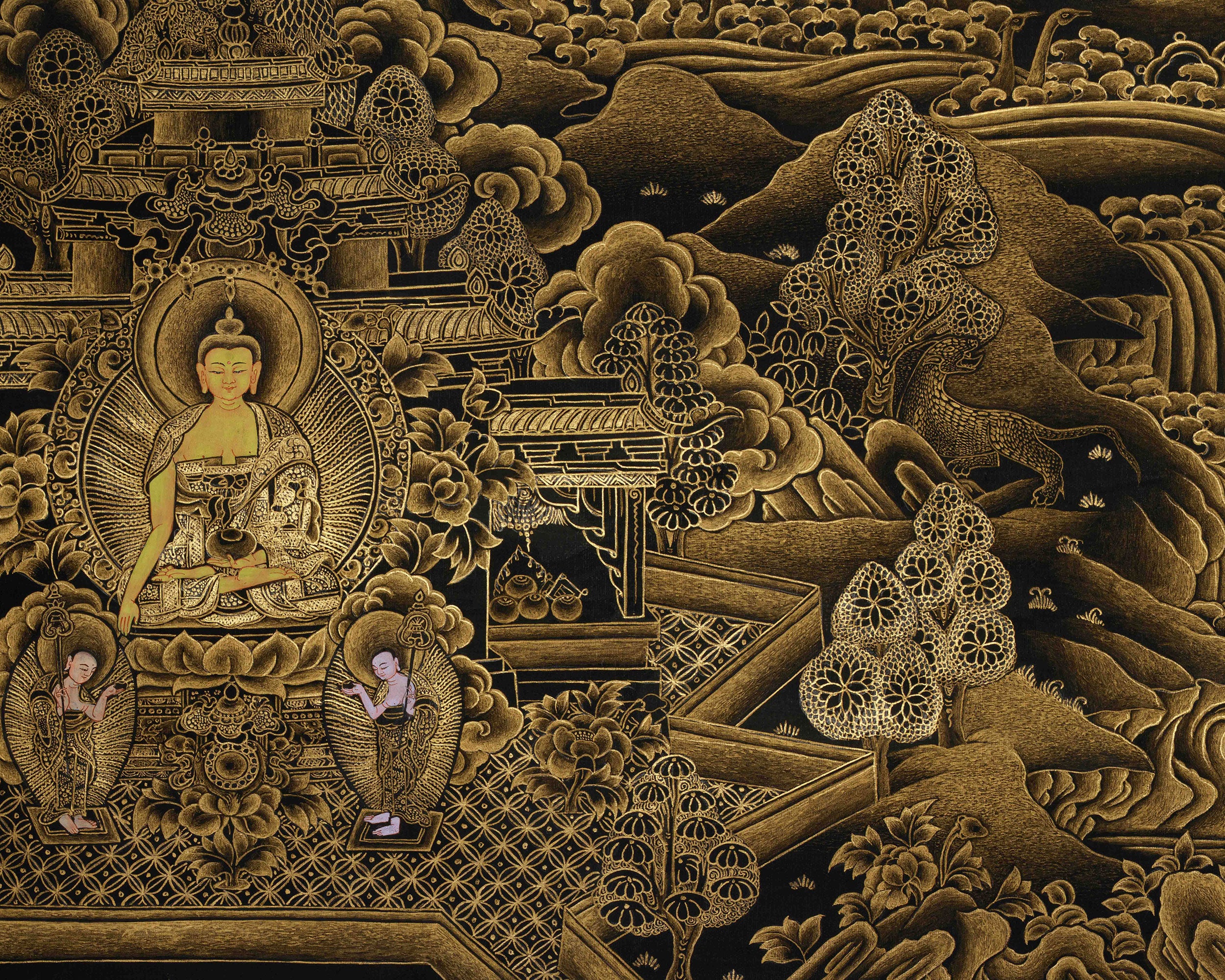 Golden-Hued Vajrayana Buddhist Manjushri Print | Wisdom Deity Wall Art for Altar