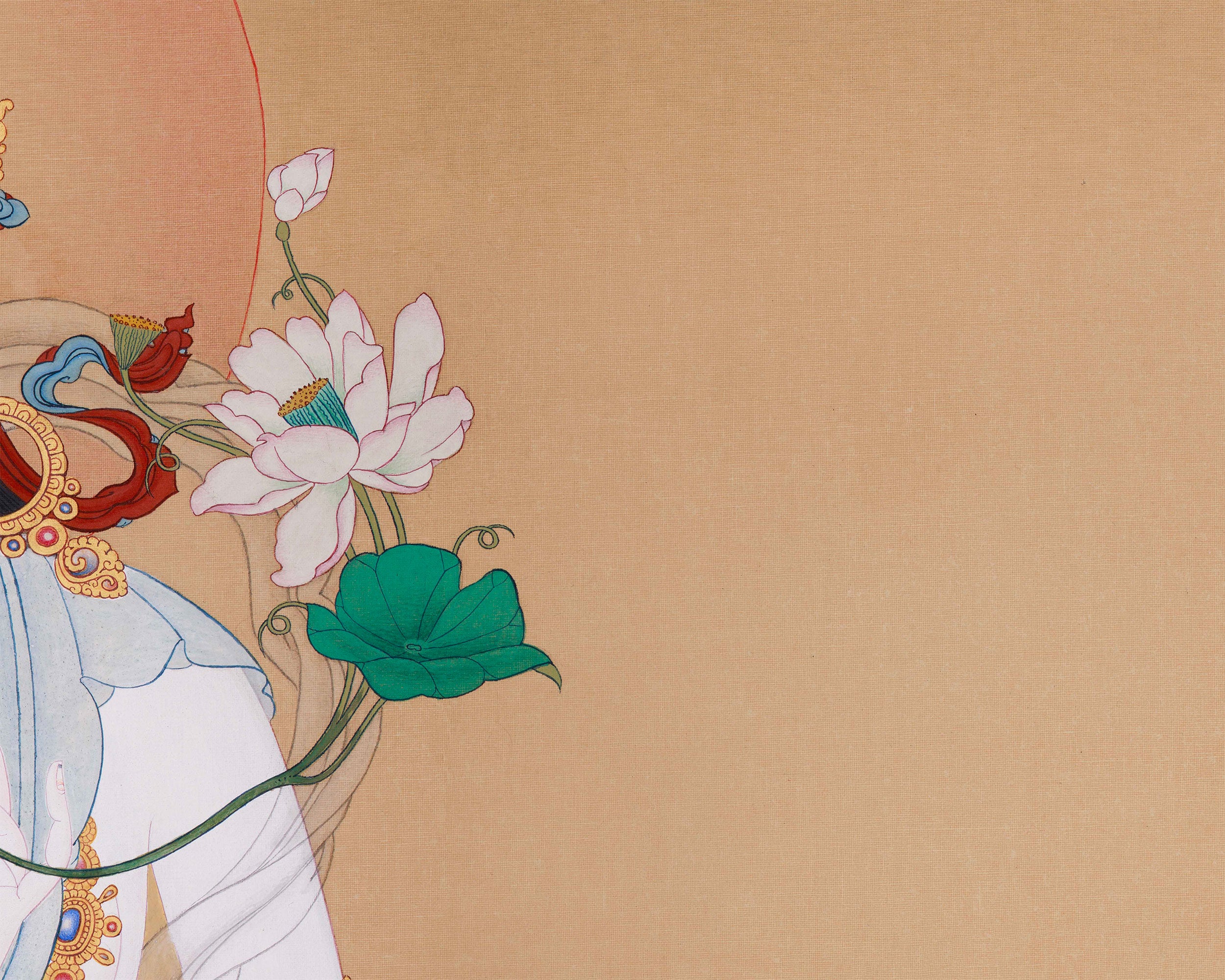 Original Tibetan Buddhist Goddess White Tara Painting | Graceful Deity with Lotus Blossom