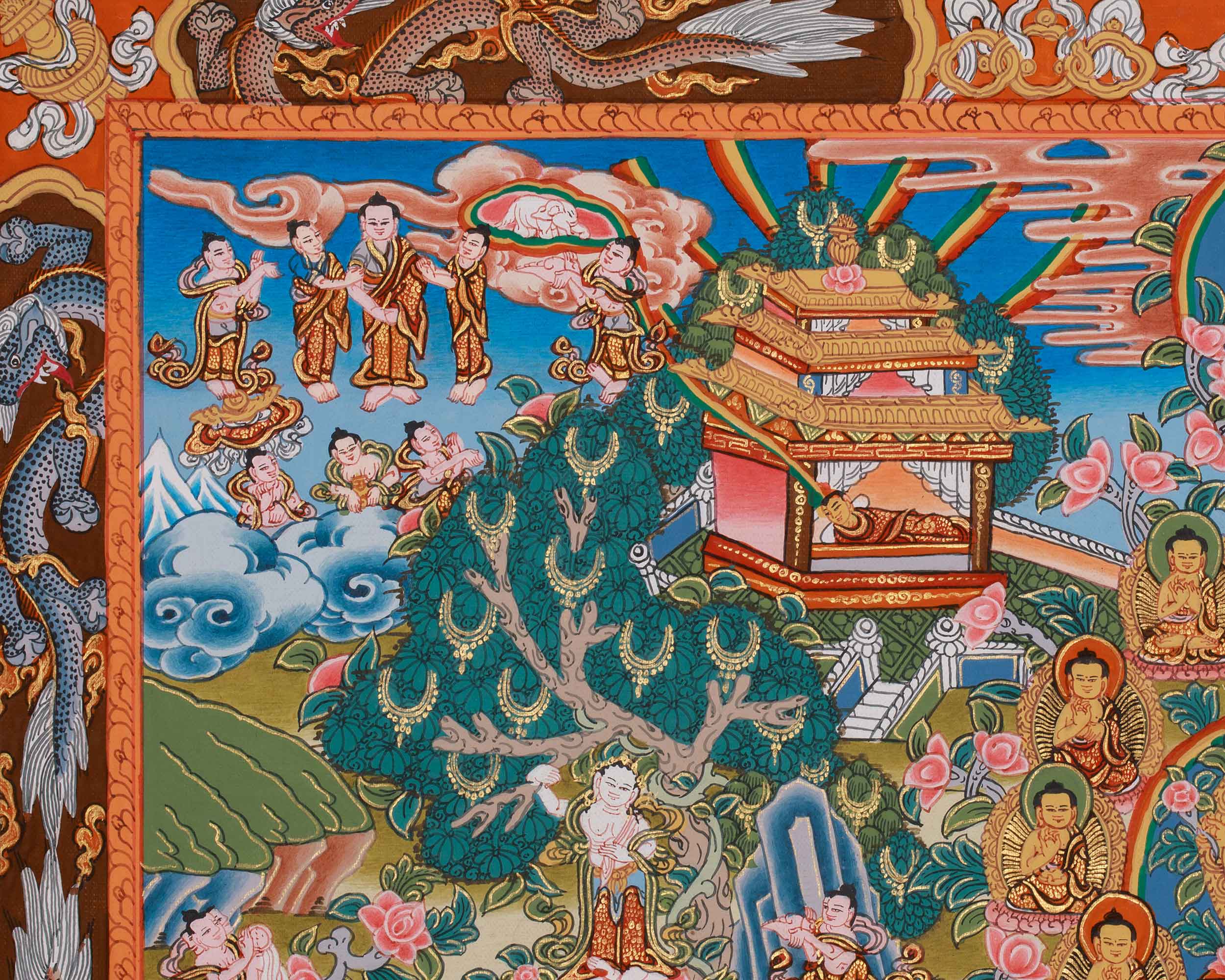 22 Inch Life Story of Buddha Thangka | Shakyamuni’s Enlightenment & Teachings