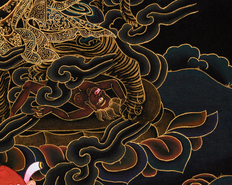 Hand-Painted Gold Thangka of Dorje Drollo | Tibetan Wrathful Buddha