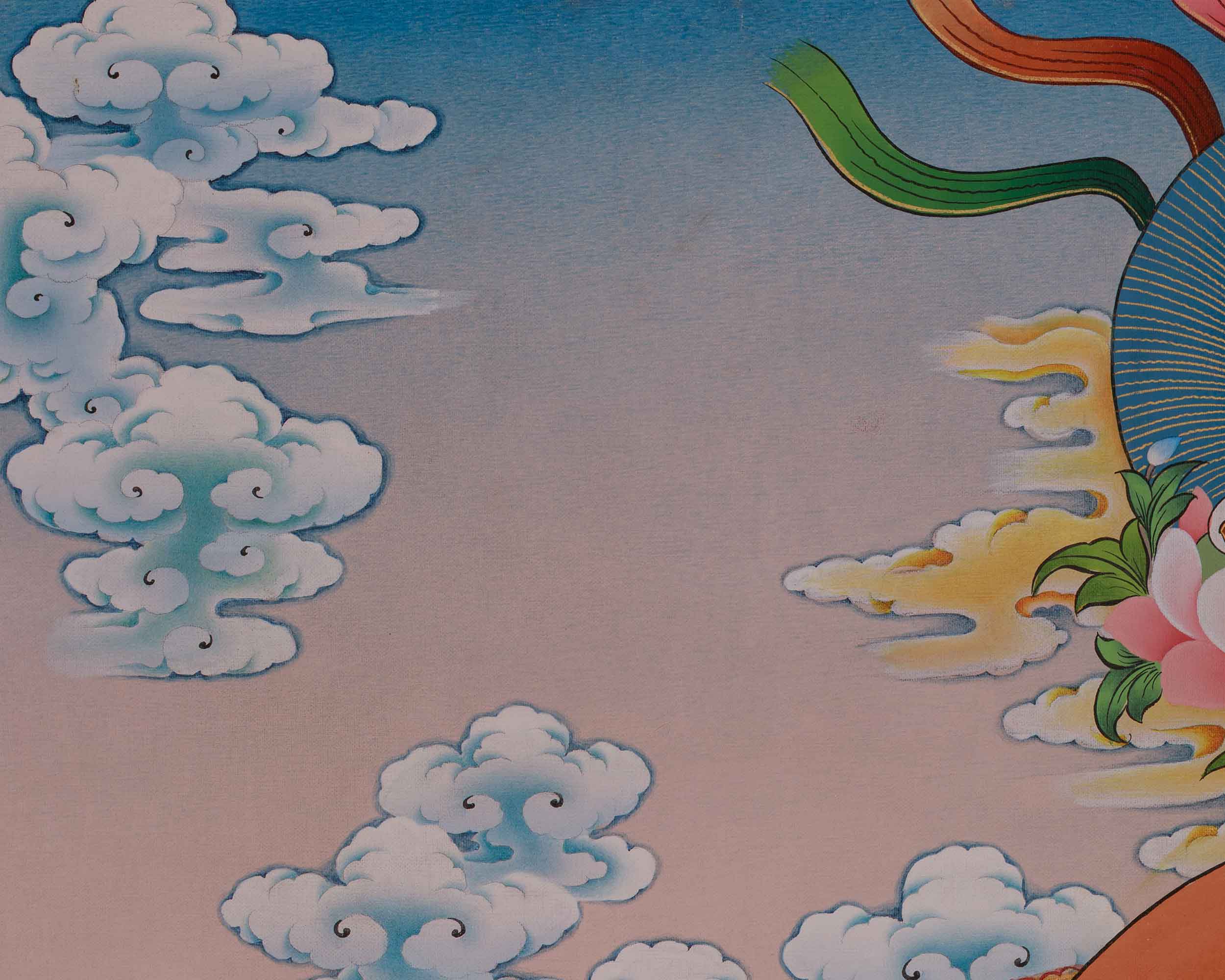 Chenrezig with Amitabha, Manjushri, and Vajrapani Thangka | Avalokiteshvara Art