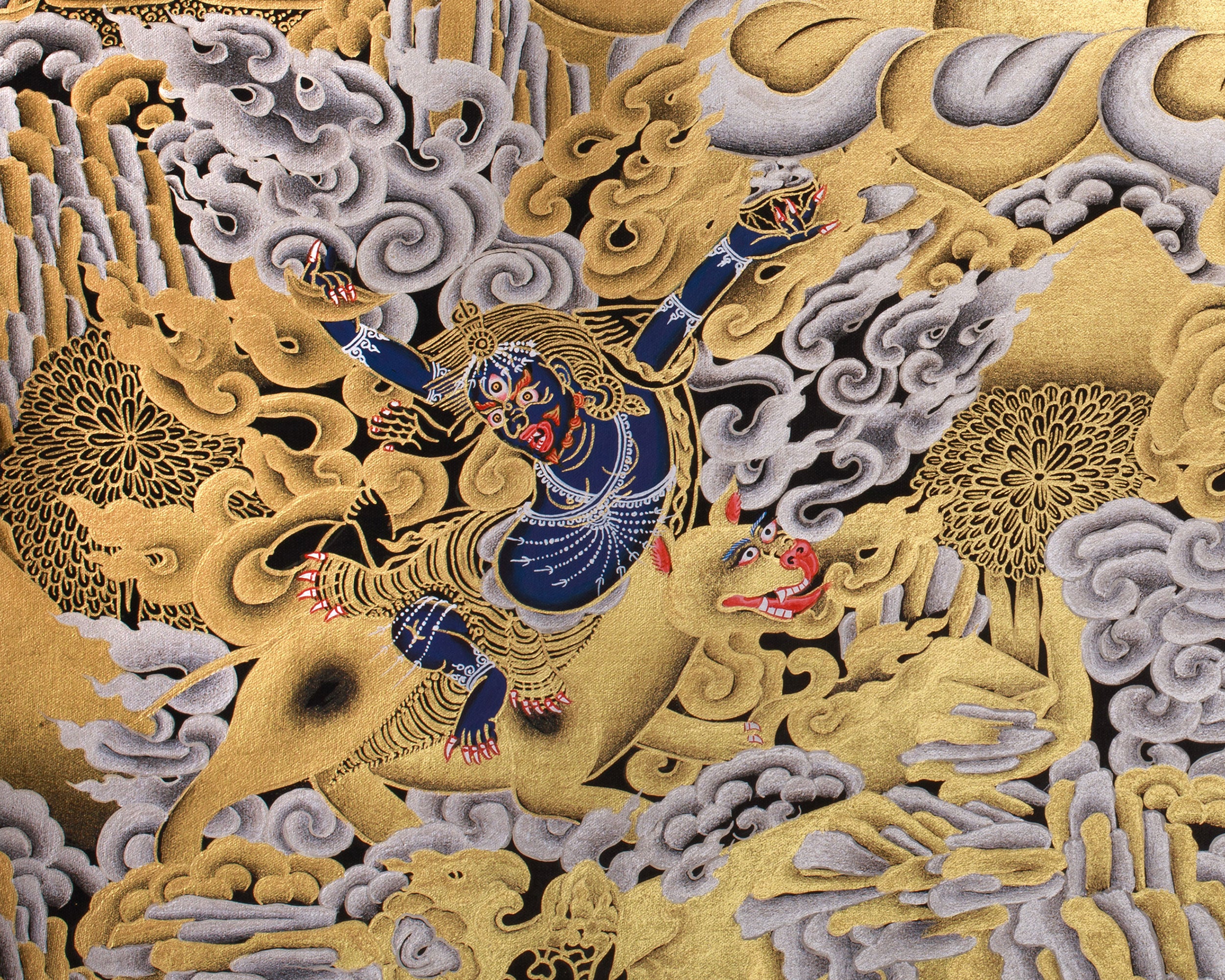 Wrathful Mahakala with Dharma Protectors | Divine Guardian Thangka | Gold and Silver on Black Canvas