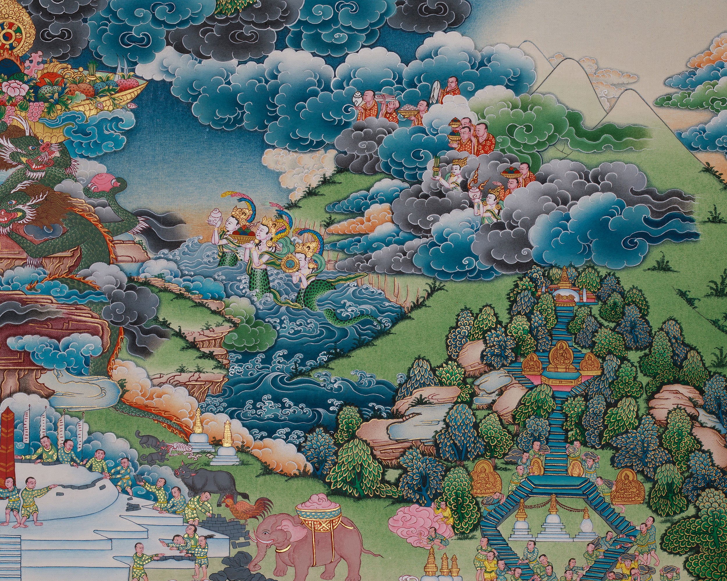 Five Buddha and  Boudha Stupa Thangka, Tibetan Meditation Wall Art