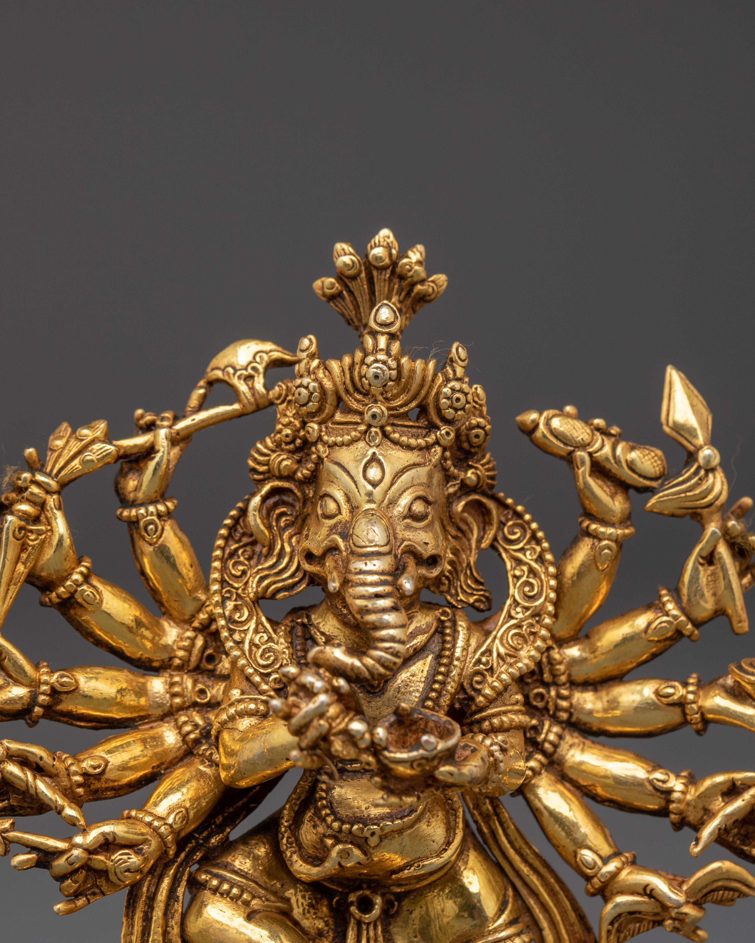 12-Armed Ganesh Gold-Plated Copper Statue | Hindu Deity of Power & Protection