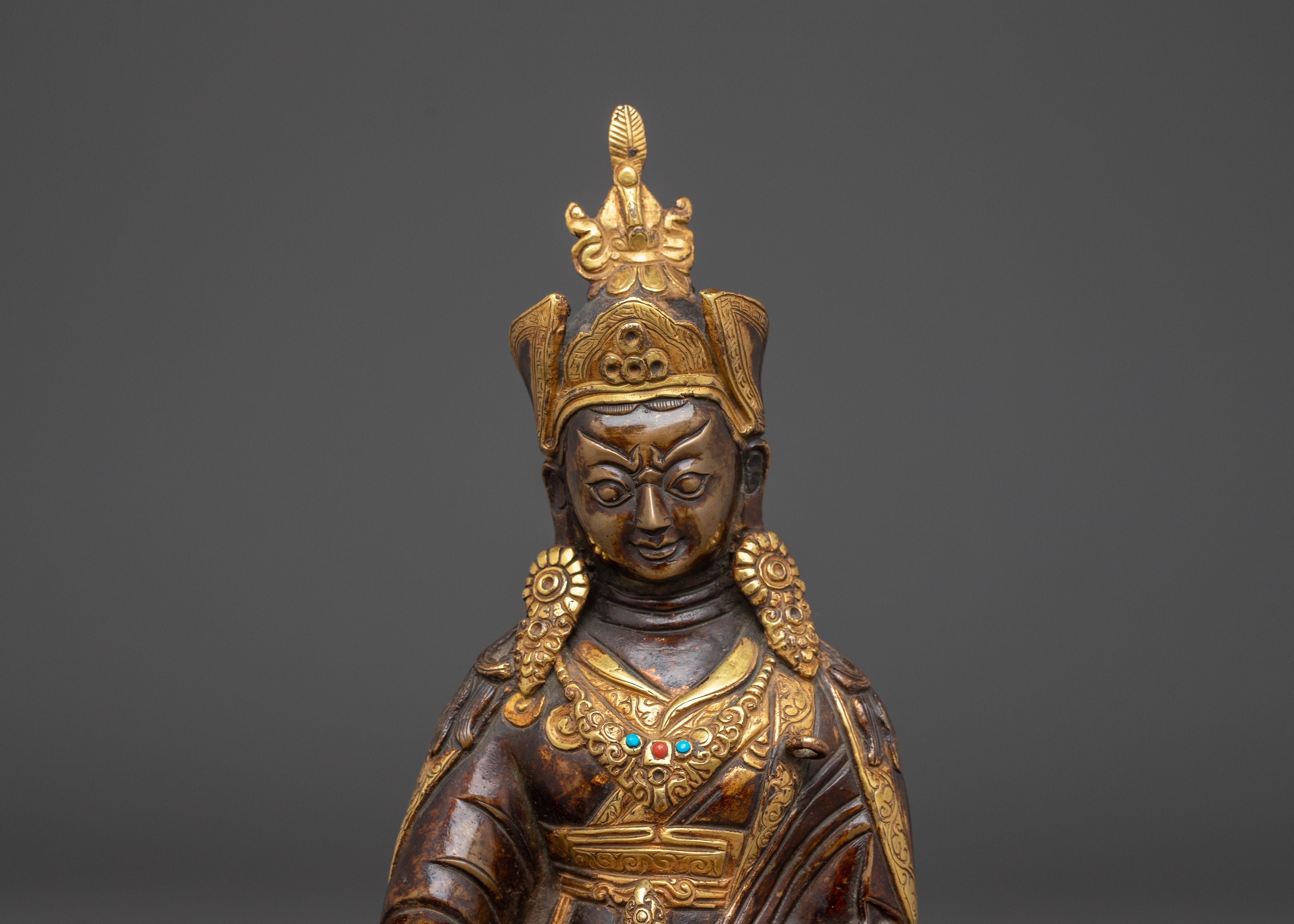 Oxidized Copper Statue of Guru Rinpoche | Gold-Plated Tibetan Spiritual Figure