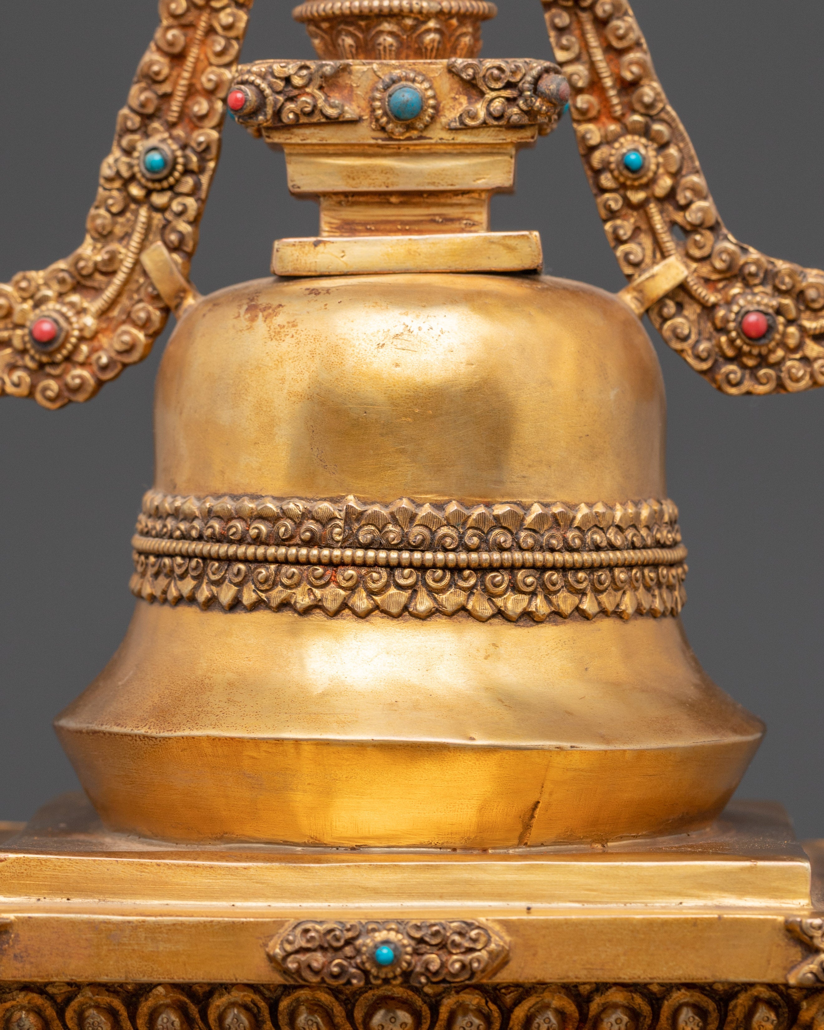 Sacred Buddhist Stupa Monument | Gold Plated Copper with Turquoise Inlay