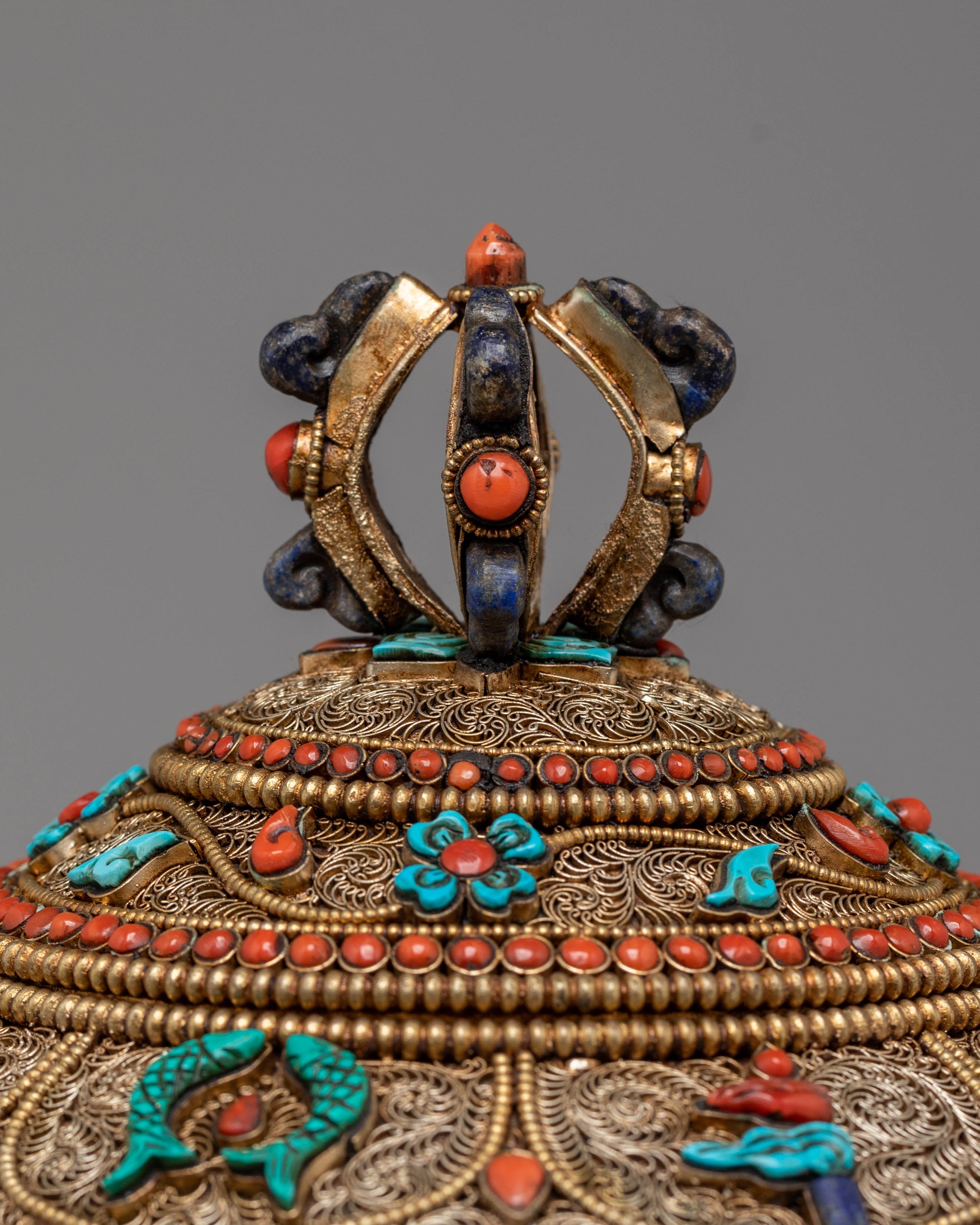 Buddhist Ritual Rice Offering Pot | Copper & Silver Plated with Gemstones