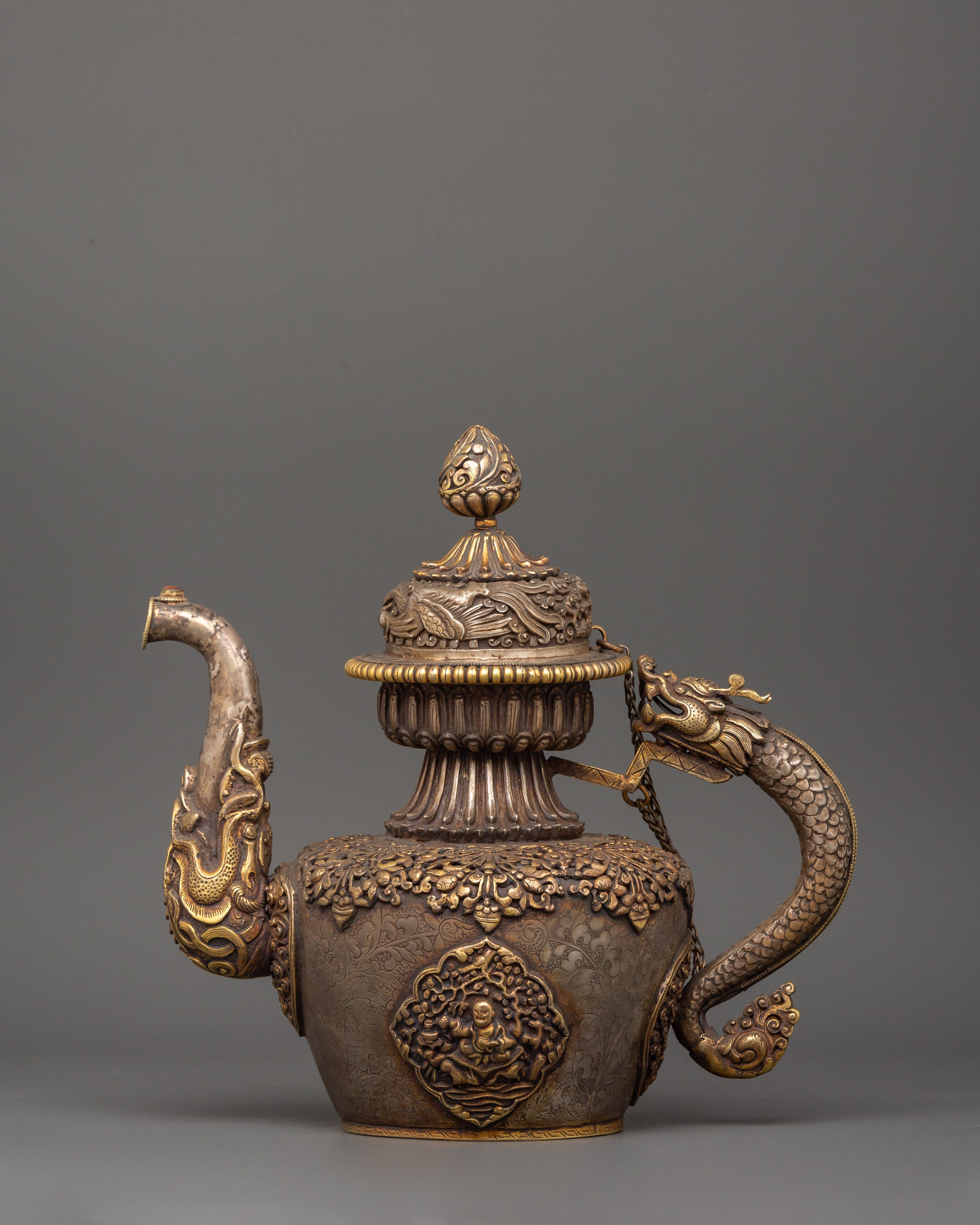 Tea Pot with Dragon Handle | Handcrafted Copper & Pure Silver with Gold Plating