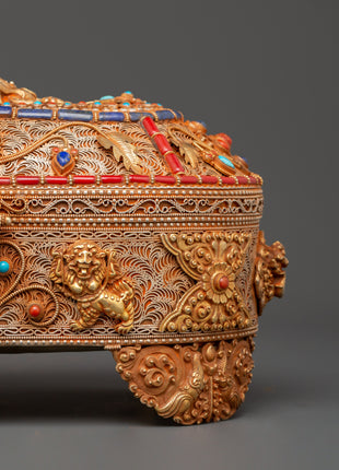 Gold-Plated Copper Tibetan Treasure Box | Coral & Turquoise Stones Inlaid Handcrafted Box