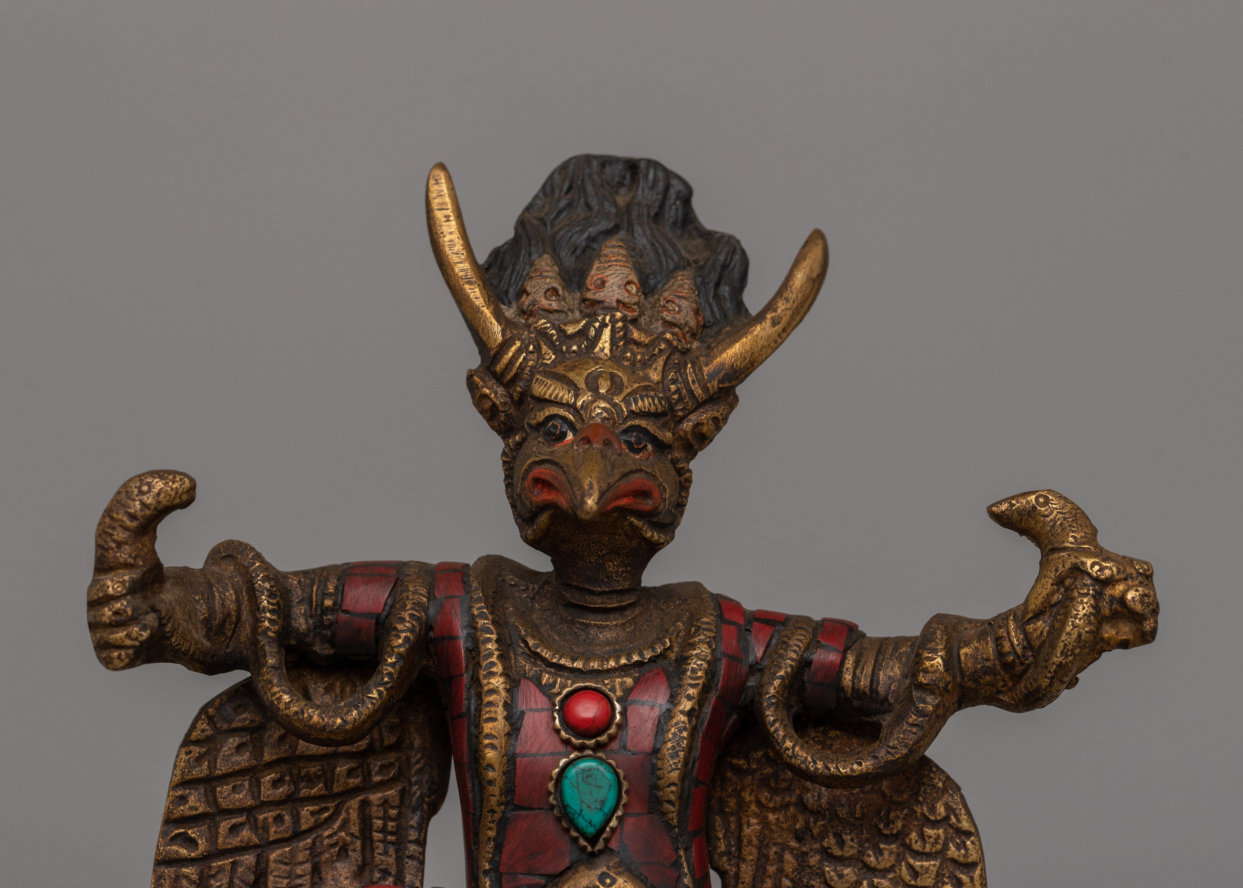 Copper Garuda Statue with Turquoise | Tibetan deity sculpture