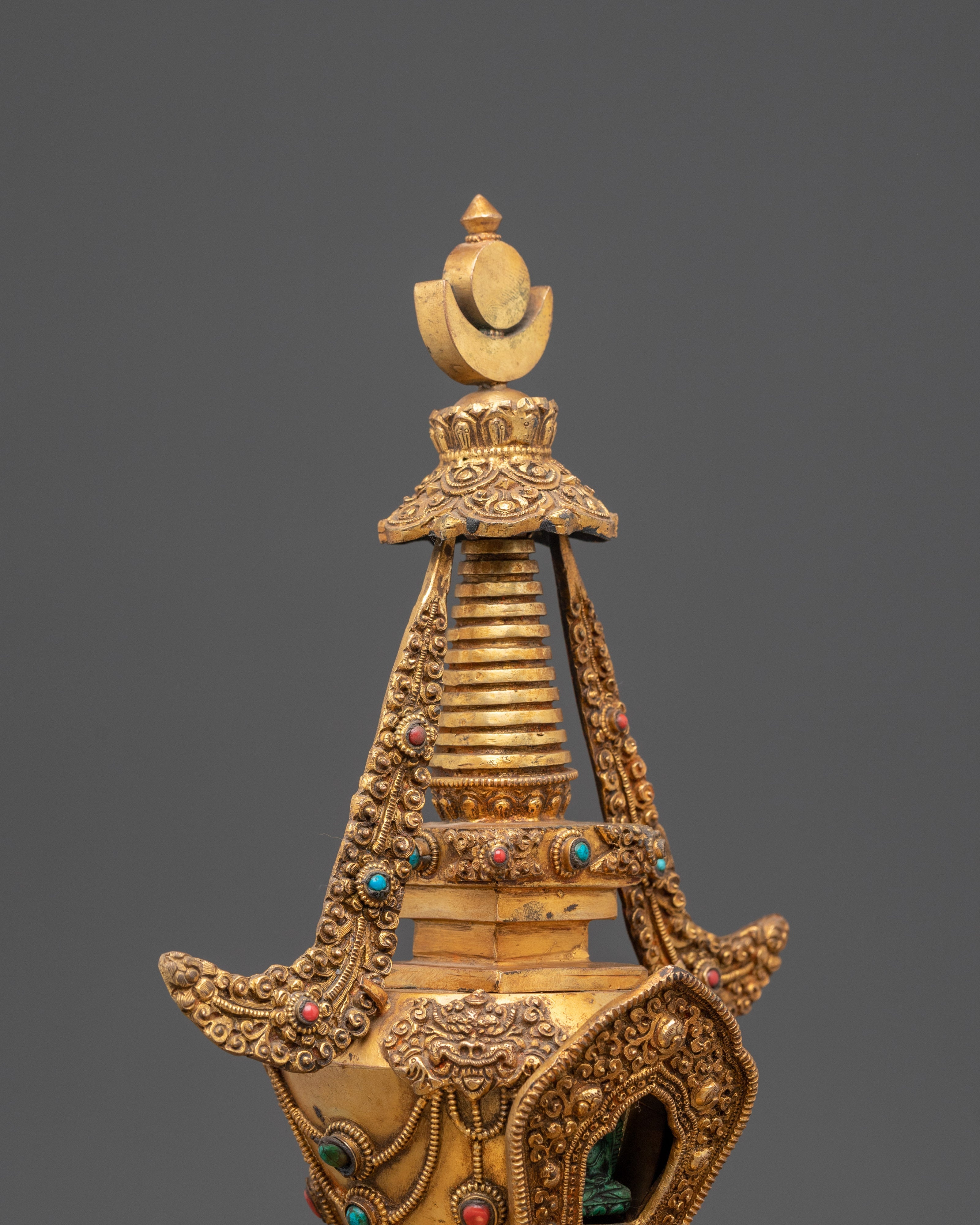 Handmade Gold Plated Buddhist Stupa with Buddha | Copper Stupa with Turquoise Inlay