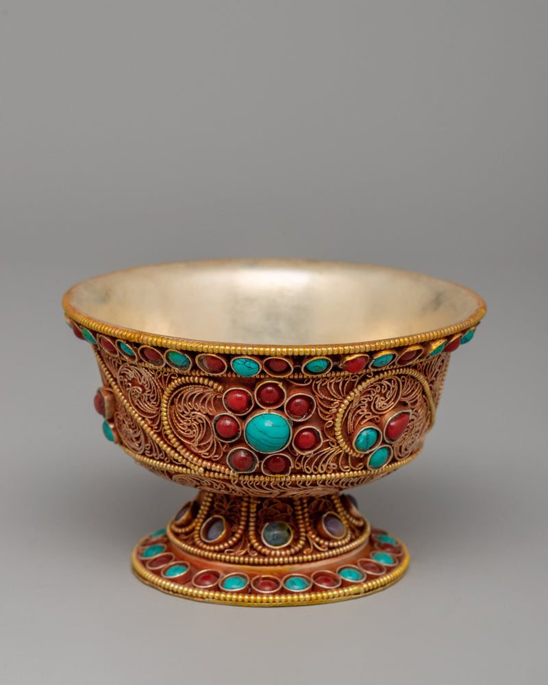 Set of Tibetan Offering Bowls | Turquoise & Coral Filigree Work for Altar Décor