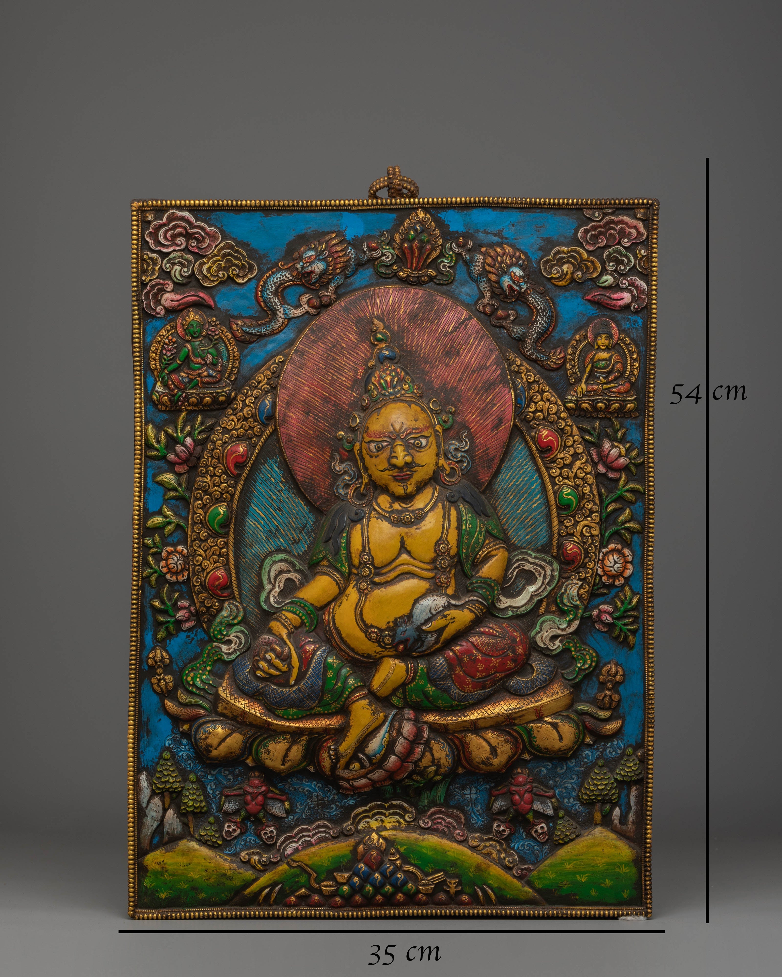 Sacred Yellow Dzambhala Wall Hanging | Tibetan Copper Art for Prosperity