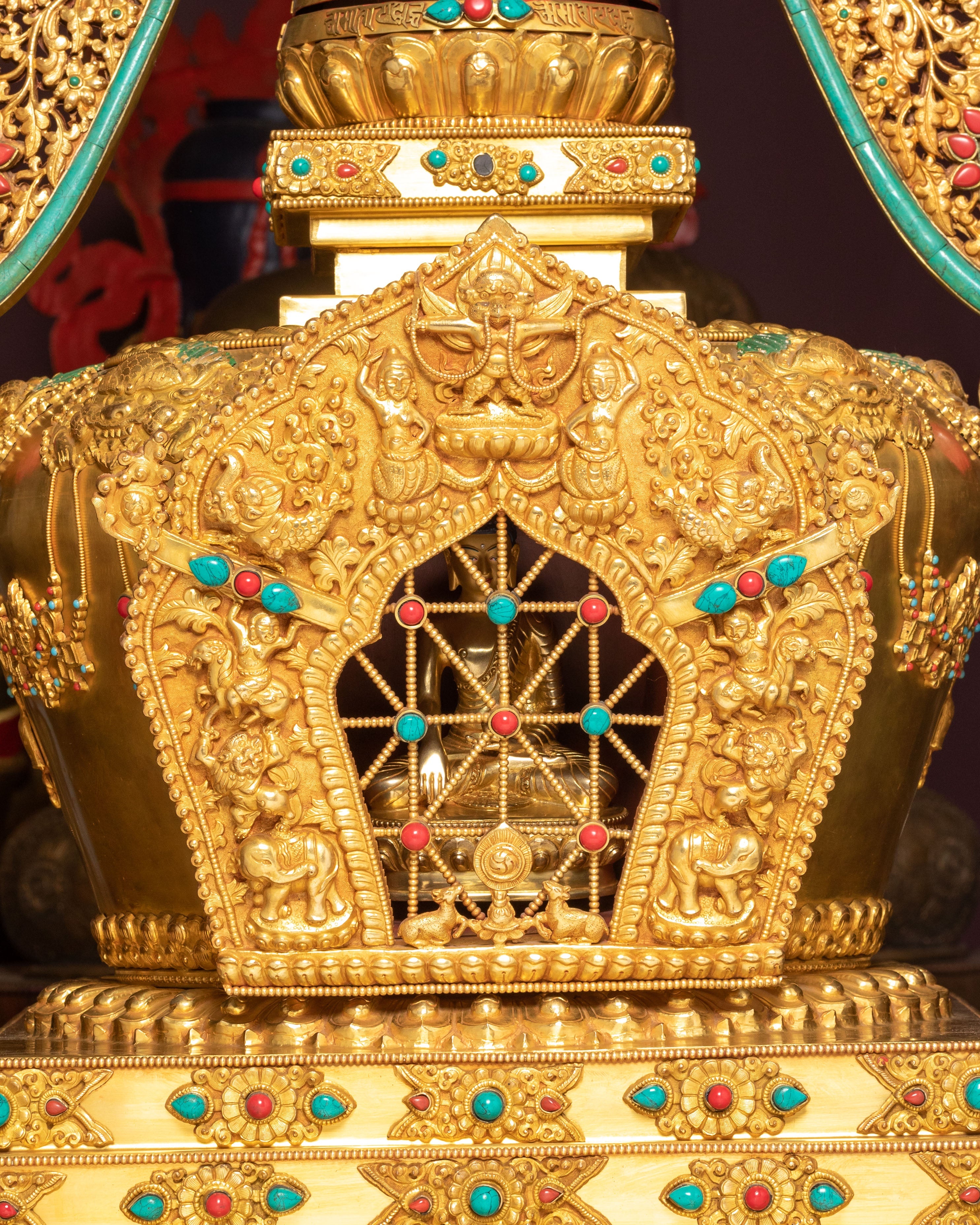 Sacred Buddhist Stupa for Altar | Gold-Plated Tibetan Stupa with Coral & Turquoise