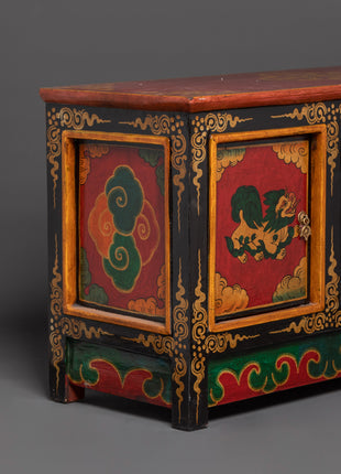 Hand-Carved Tibetan Wooden Cabinet with Door | Sacred Symbols and Artisan Detailing