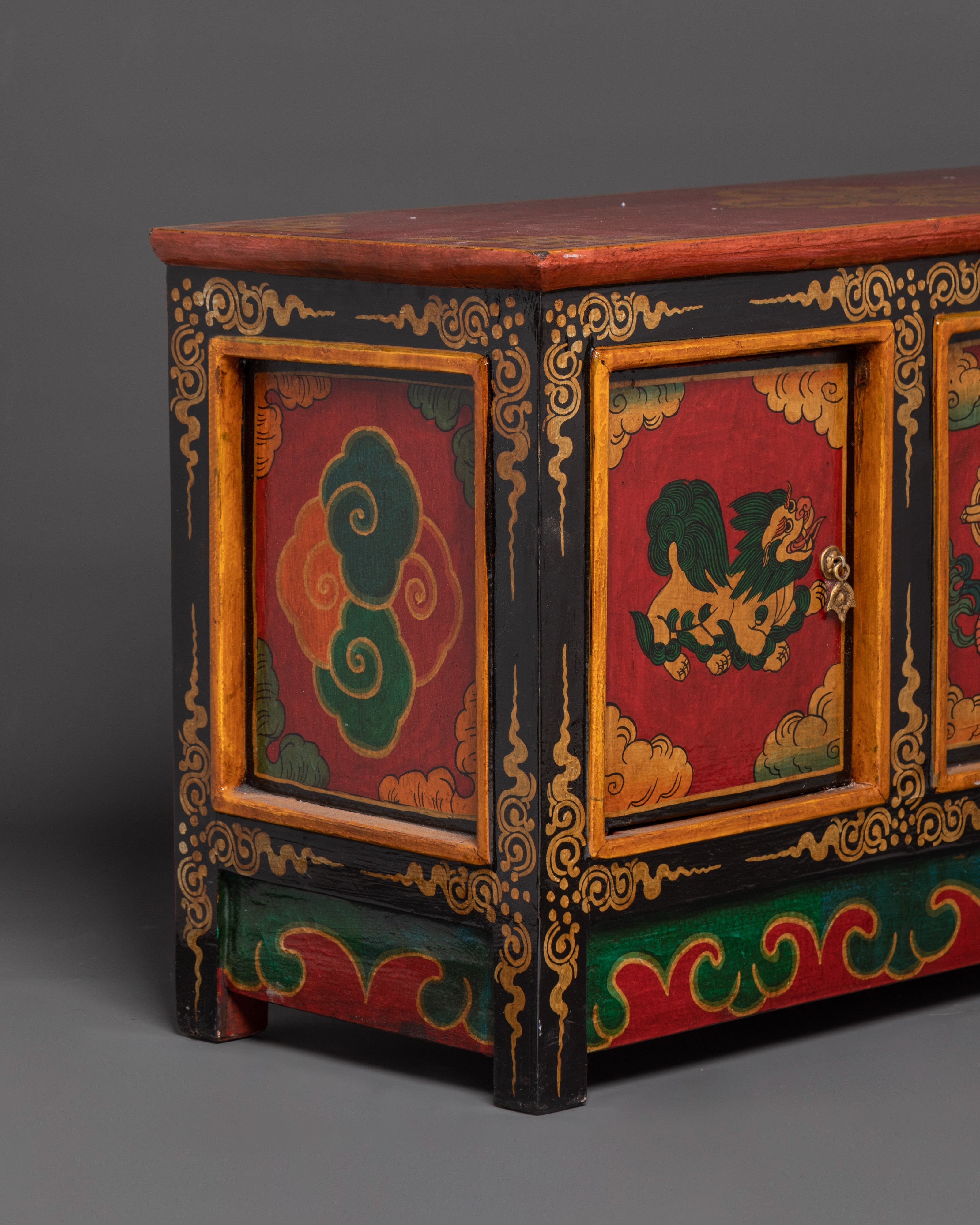 Hand-Carved Tibetan Wooden Cabinet with Door | Sacred Symbols and Artisan Detailing