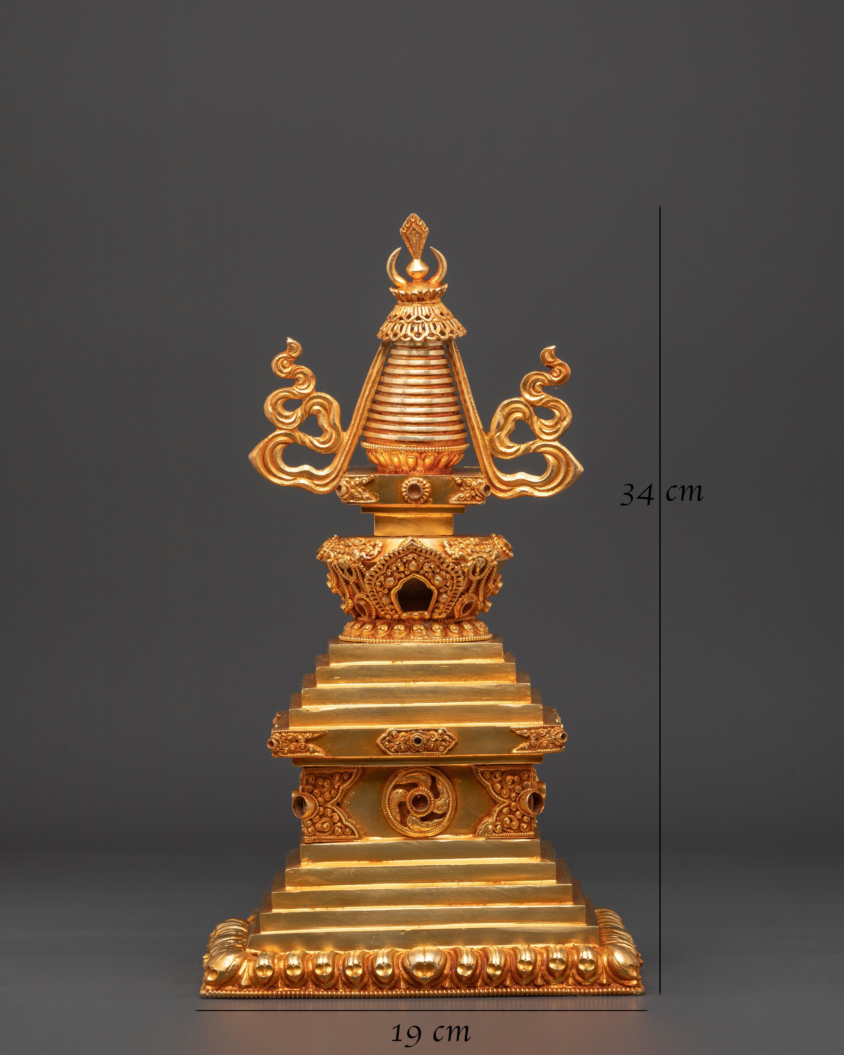 Handcrafted Sacred Traditional Buddhist Stupa | Gold Electroplated Copper Statue
