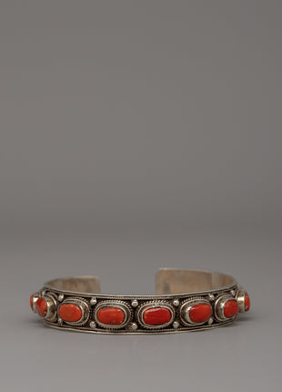Silver & Coral Tibetan Bracelet | Handmade Spiritual Healing Cuff