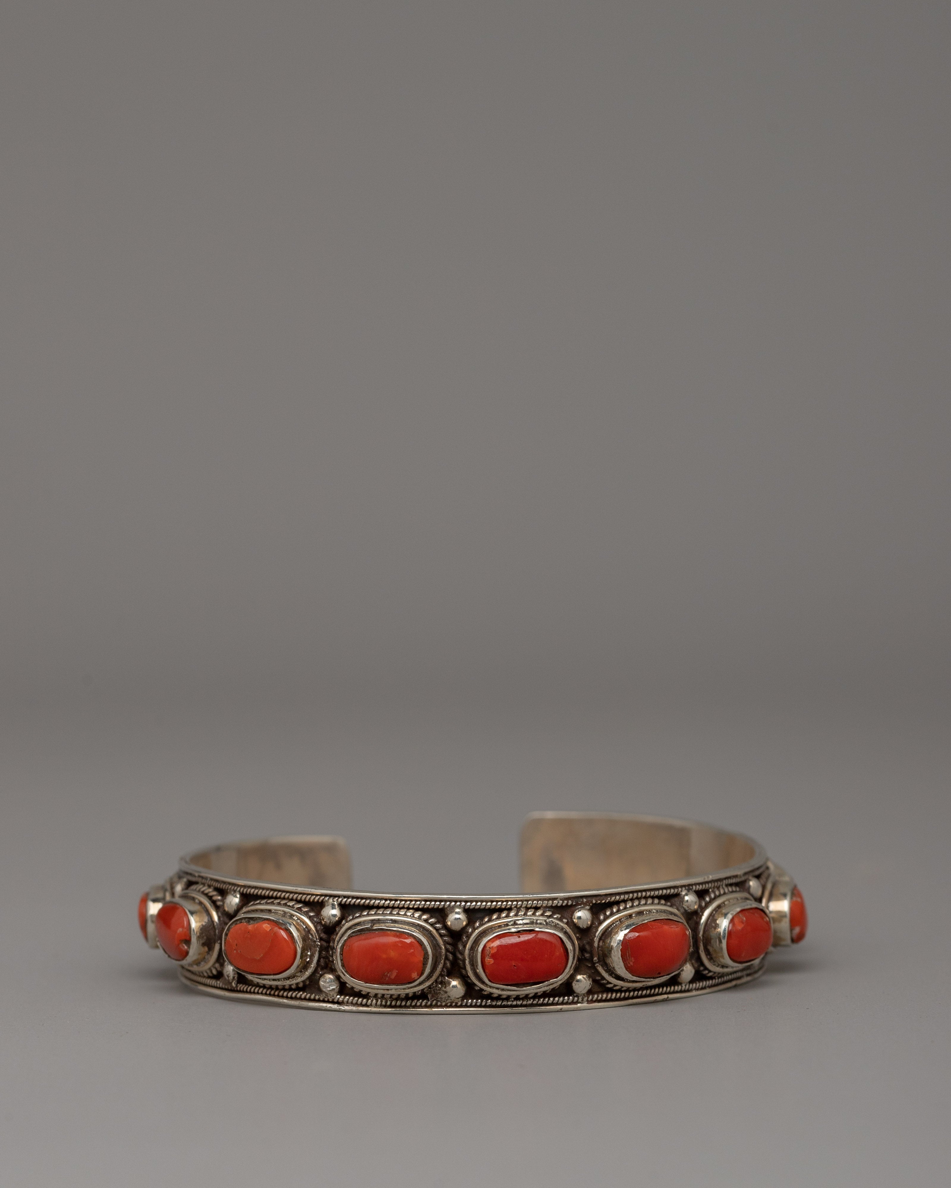 Silver & Coral Tibetan Bracelet | Handmade Spiritual Healing Cuff