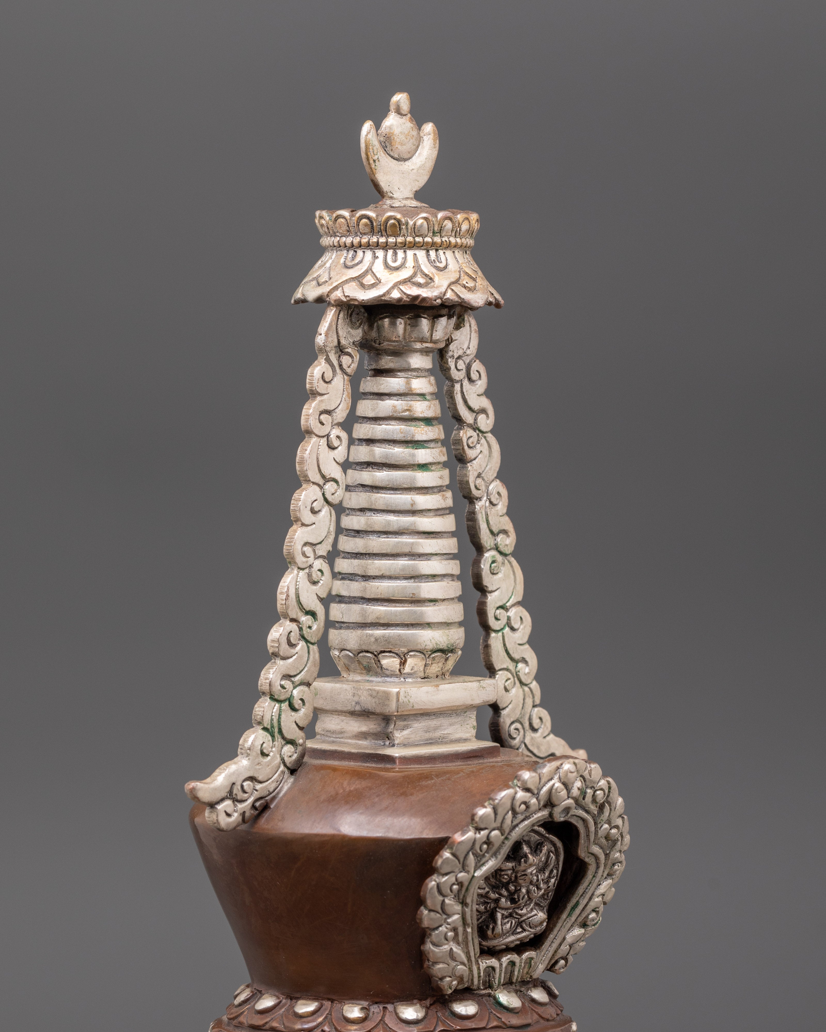 Handcrafted Stupa with Protective Deity | Silver Plated Tibetan Stupa