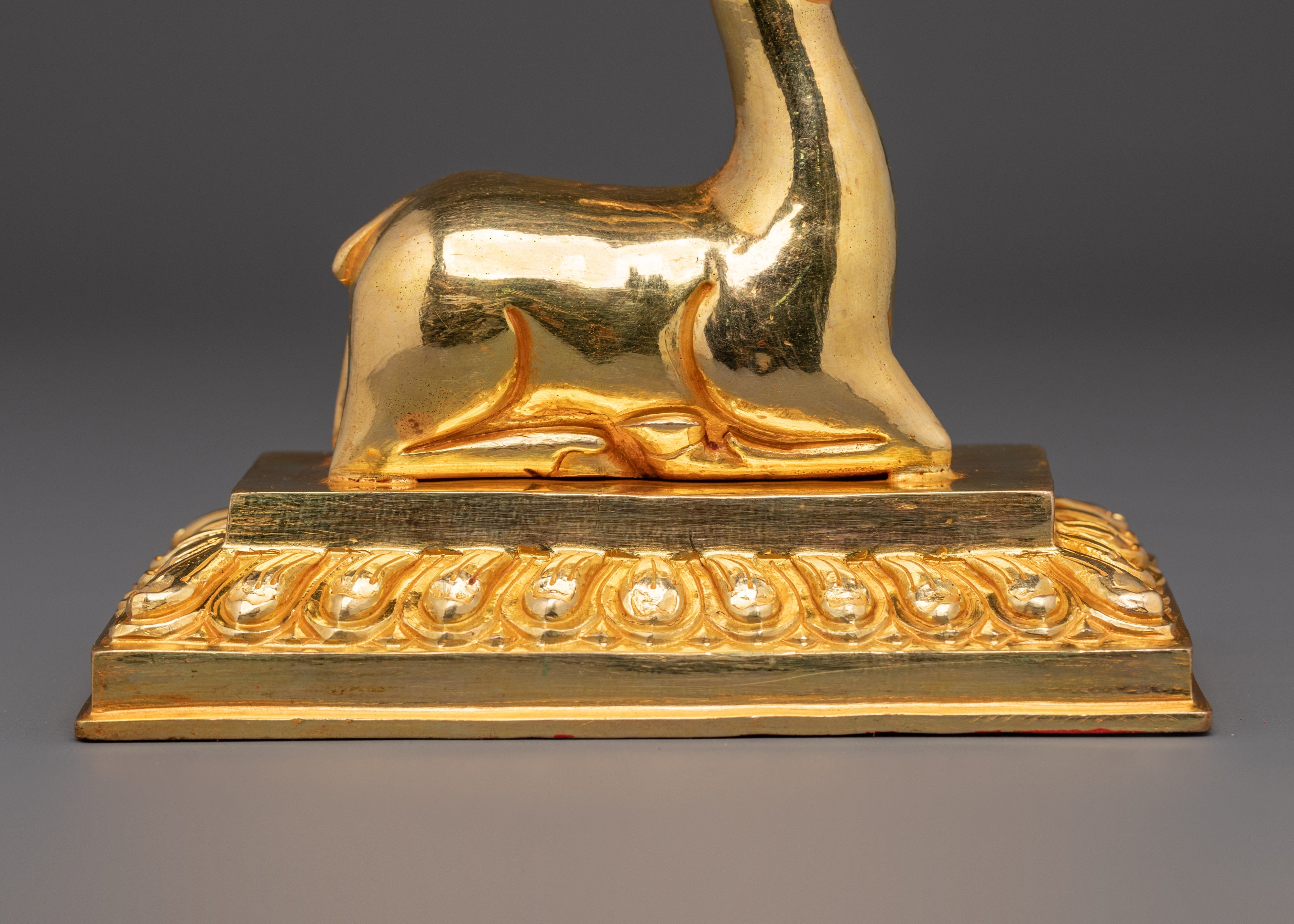 Gold Plated Dharma Wheel with Deer | Tibetan Buddhist Altar Symbol