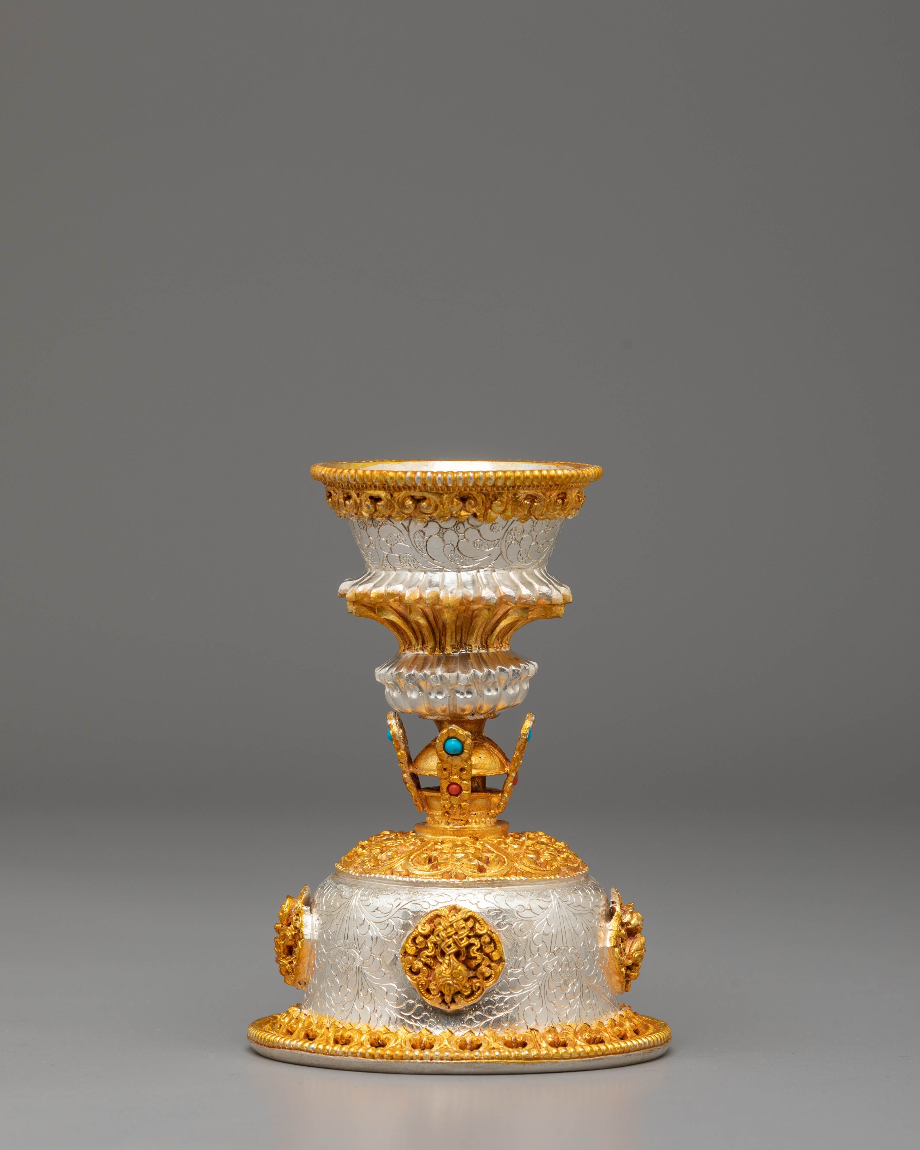 Buddhist Ritual Butter Lamp for Prayer | Gold Silver Plated Tibetan Altar Light