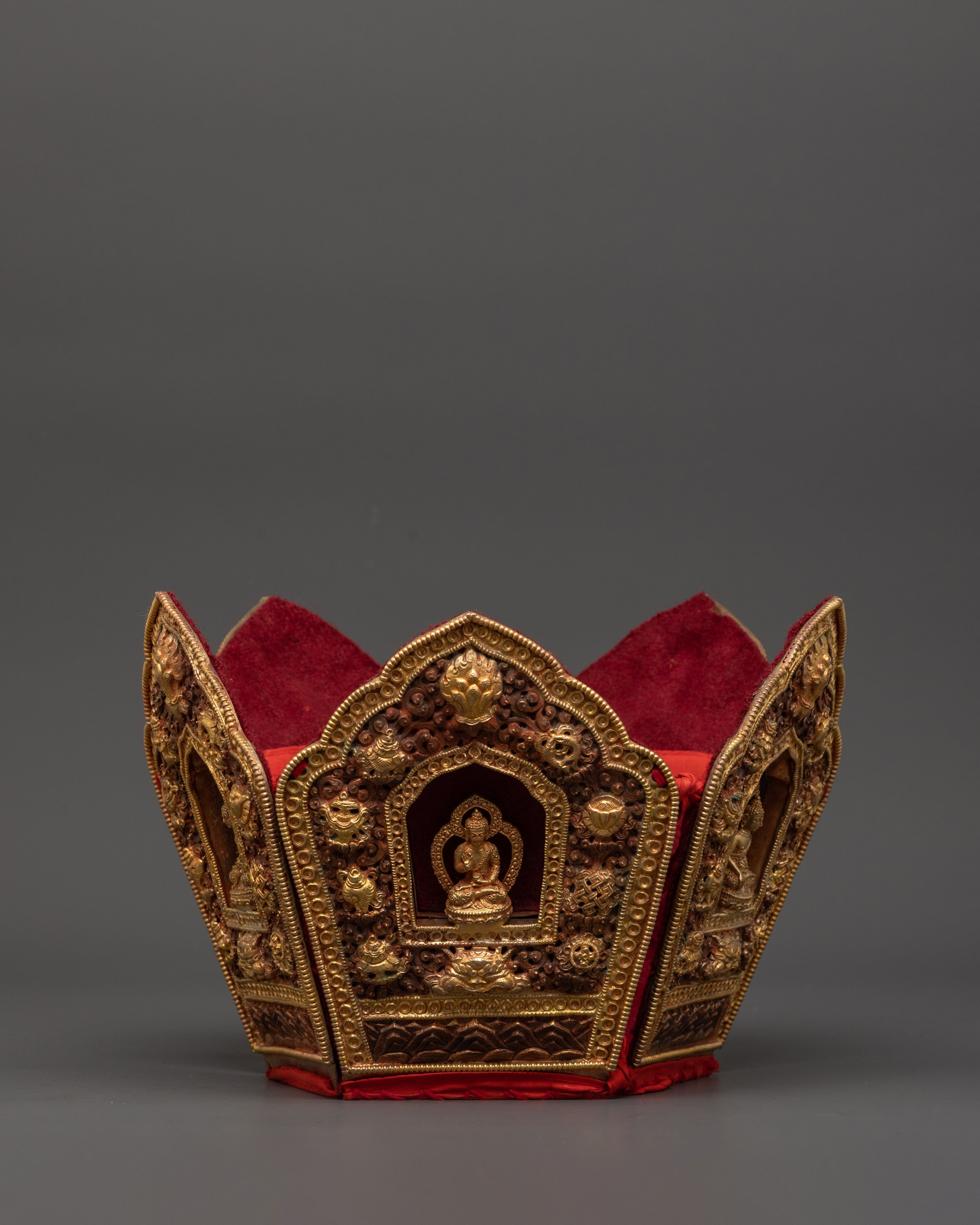 Oxidized Copper Tibetan Crown with 5 Dhyani Buddhas | Electro Gold Plated Headdress