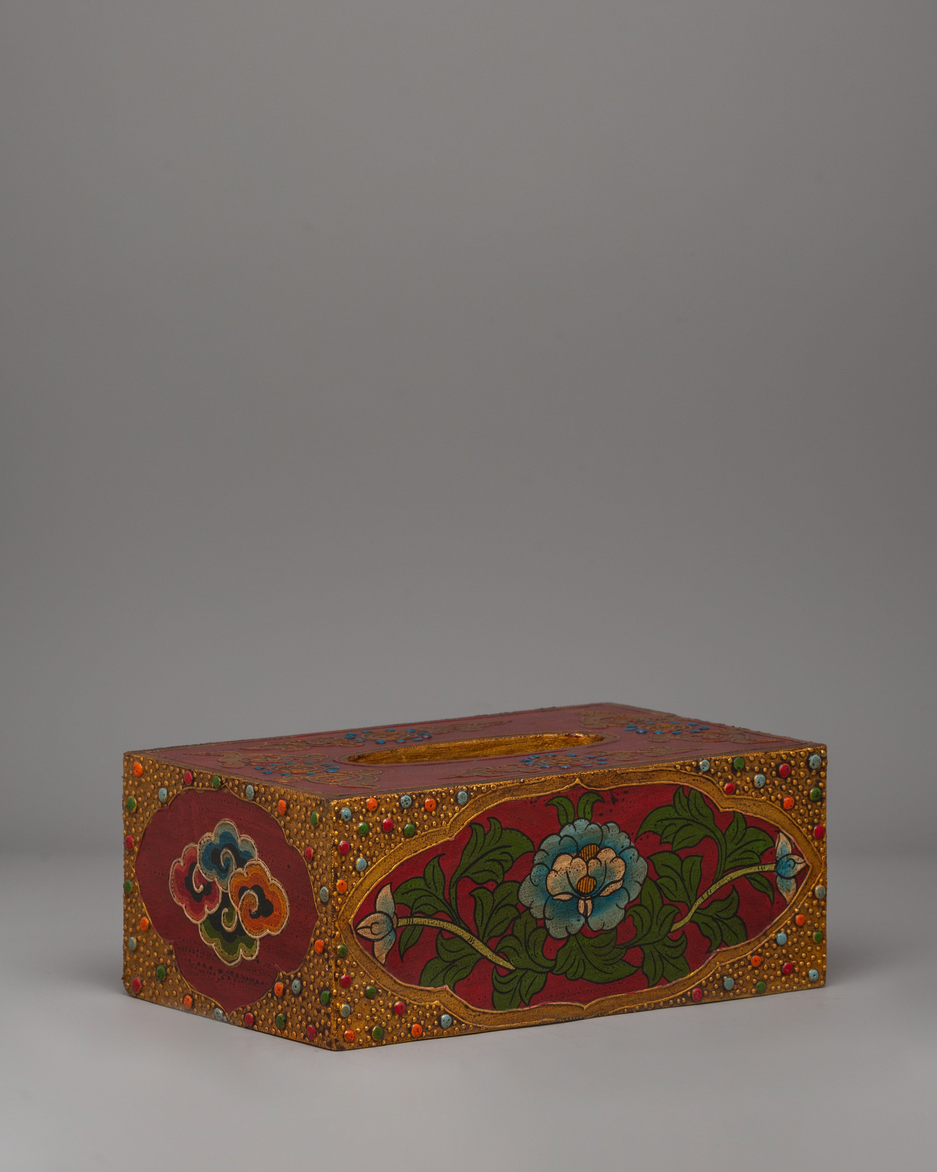 Handmade Tibetan Floral Tissue Holder | Painted Wooden Decor