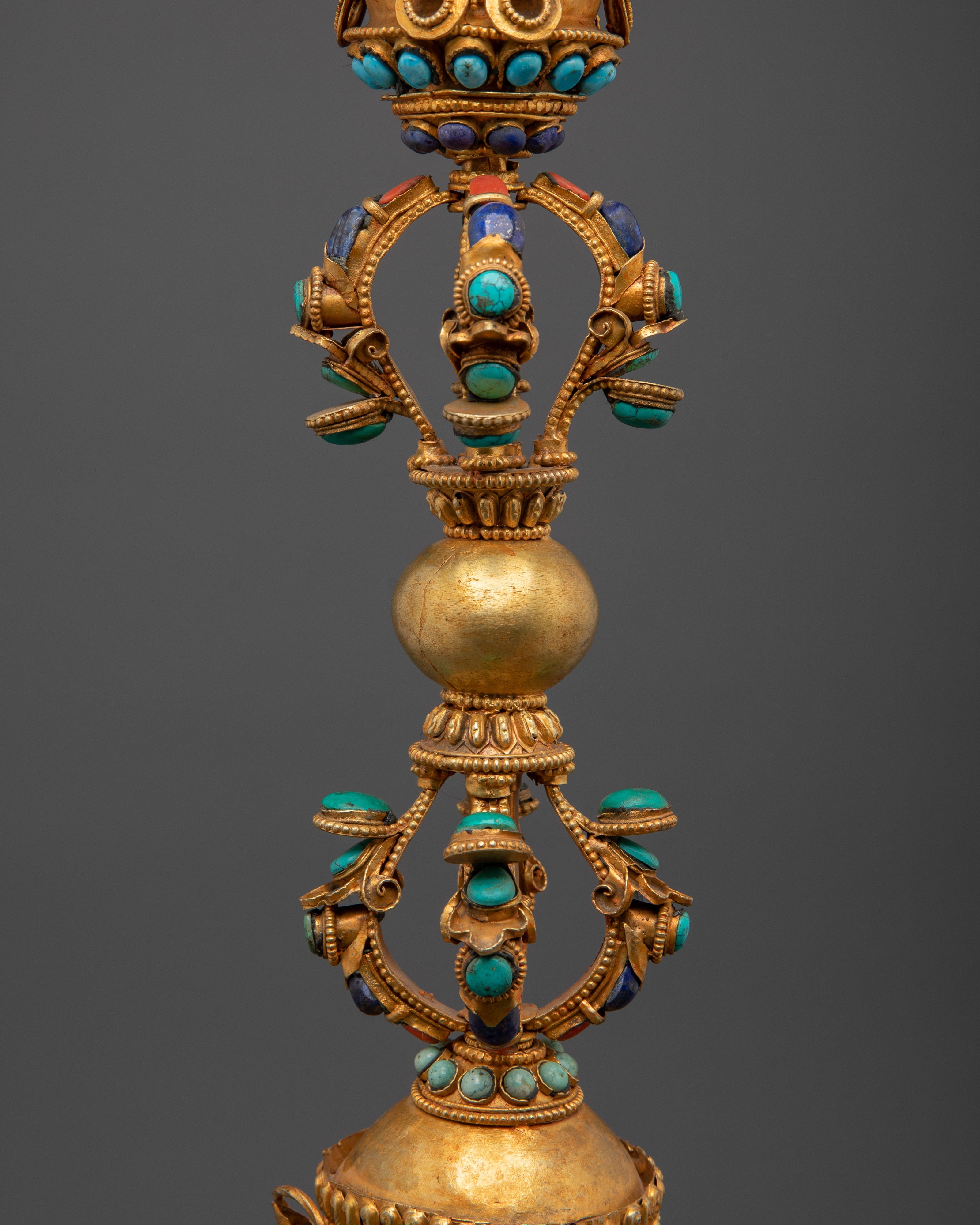 Buddhist Three Sided Phurba | Gold-Plated Ritual Dagger with Crystal and Turquoise