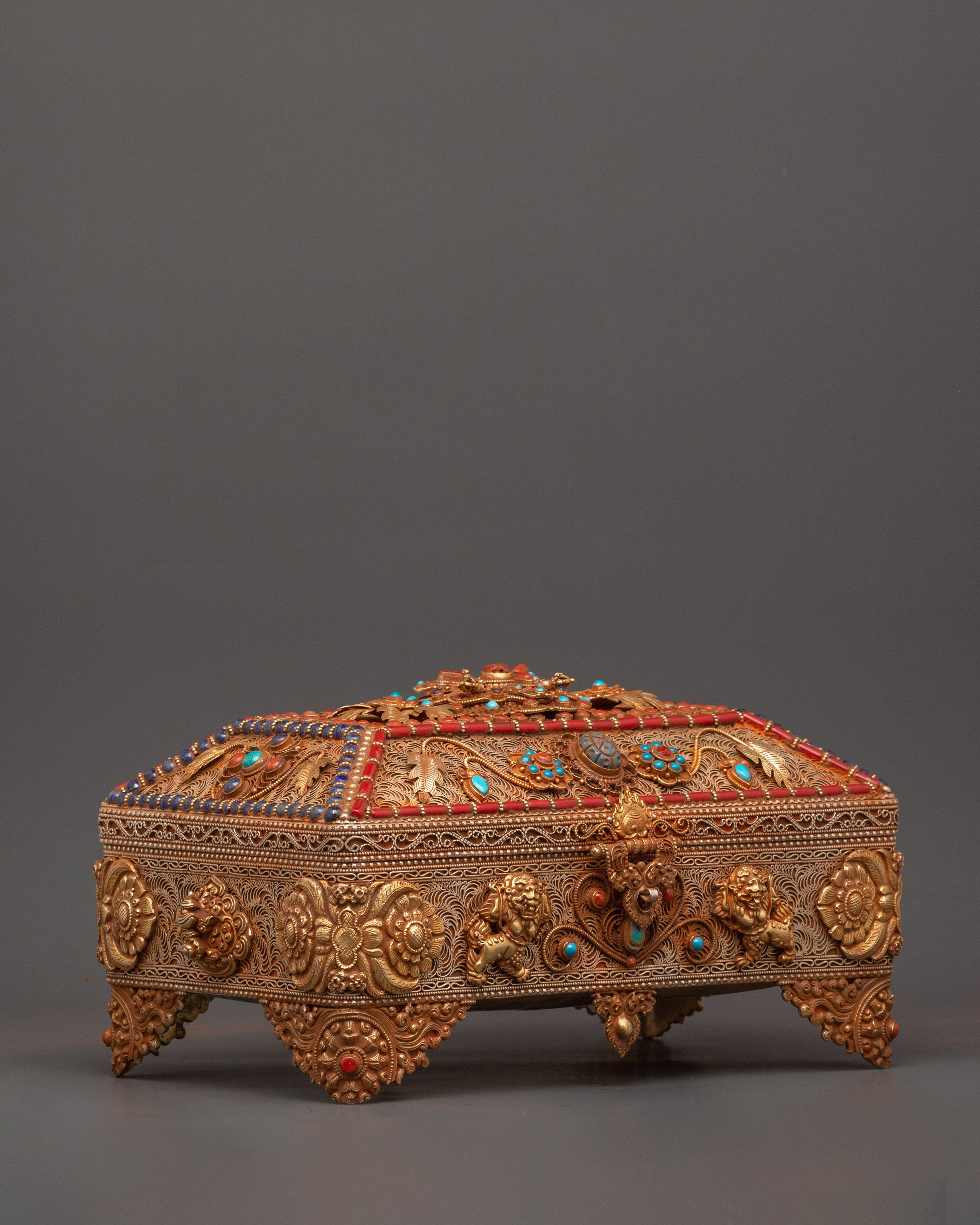 Tibetan Treasure Box with Turquoise and Coral | Buddhist Decor