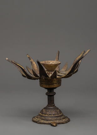 Sacred Tibetan Lotus Lamp for Altar and Ritual Use | Antique Brass Decor