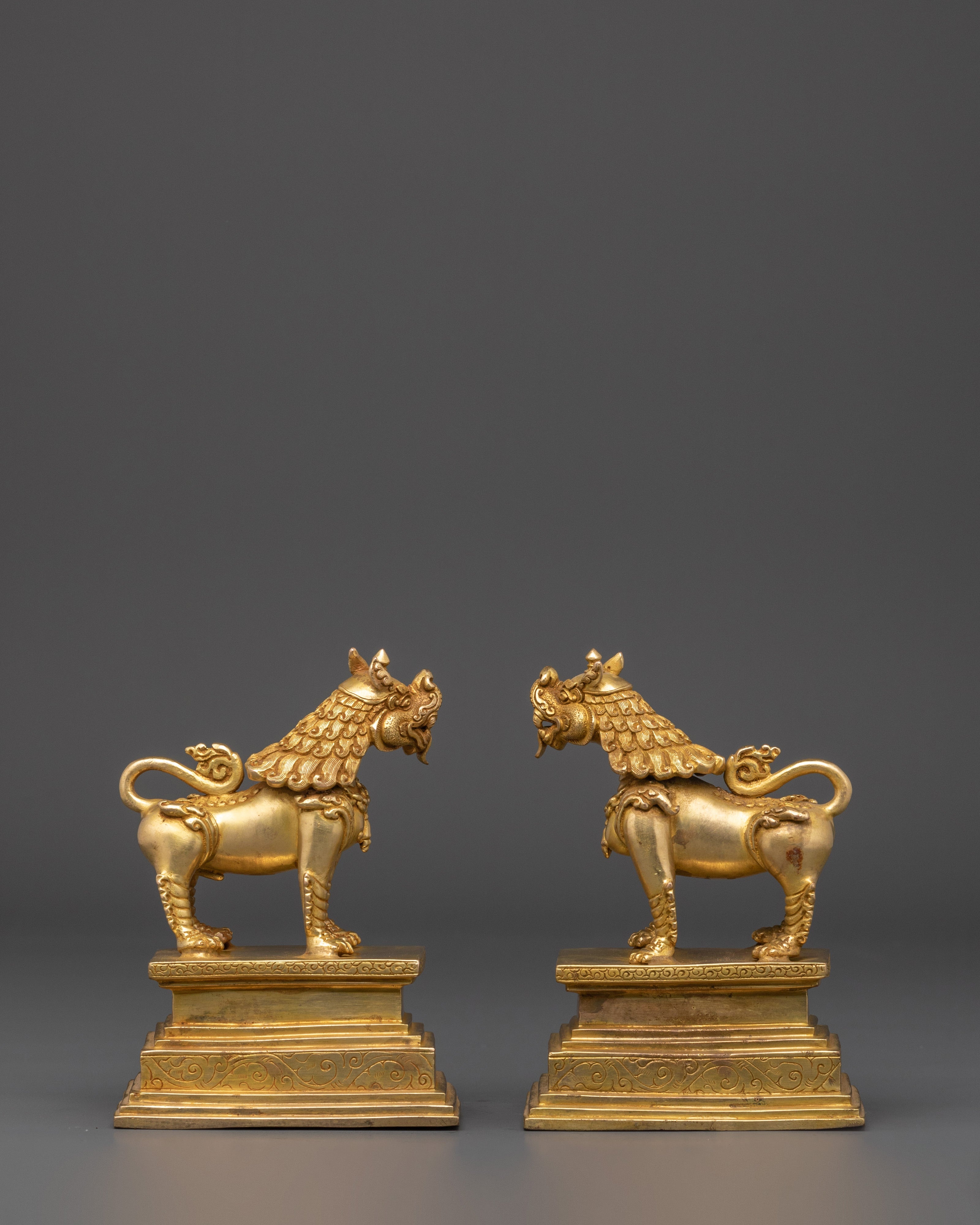 Gold Plated Lion Statue Set | Set of Two Temple Guardians