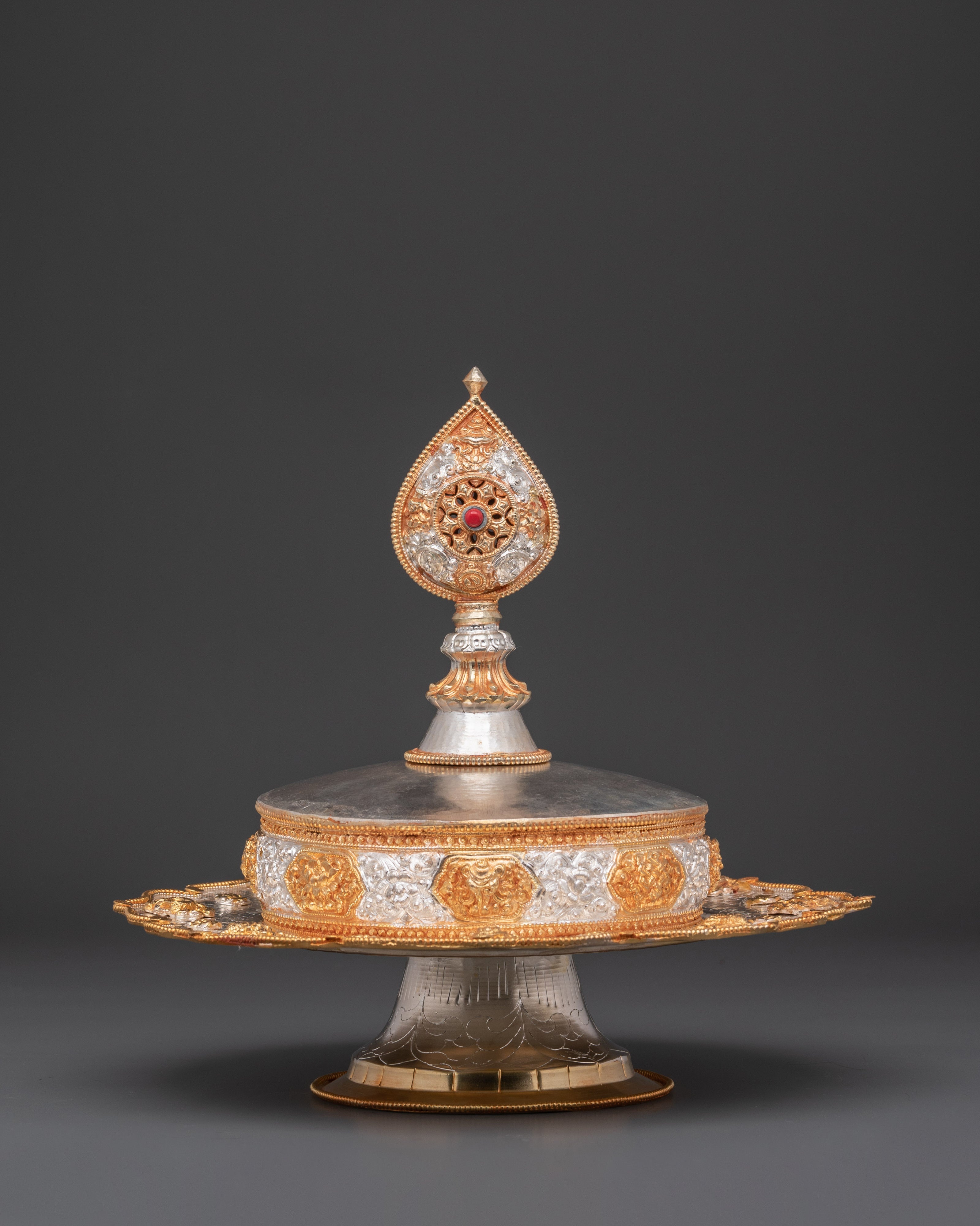 Handcrafted Tibetan Mandala Offering Set | Gold & Silver Ritual Sculpture