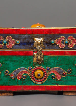 Hand-Painted Tibetan Wooden Box with Brass | Jewelry or Ritual Box