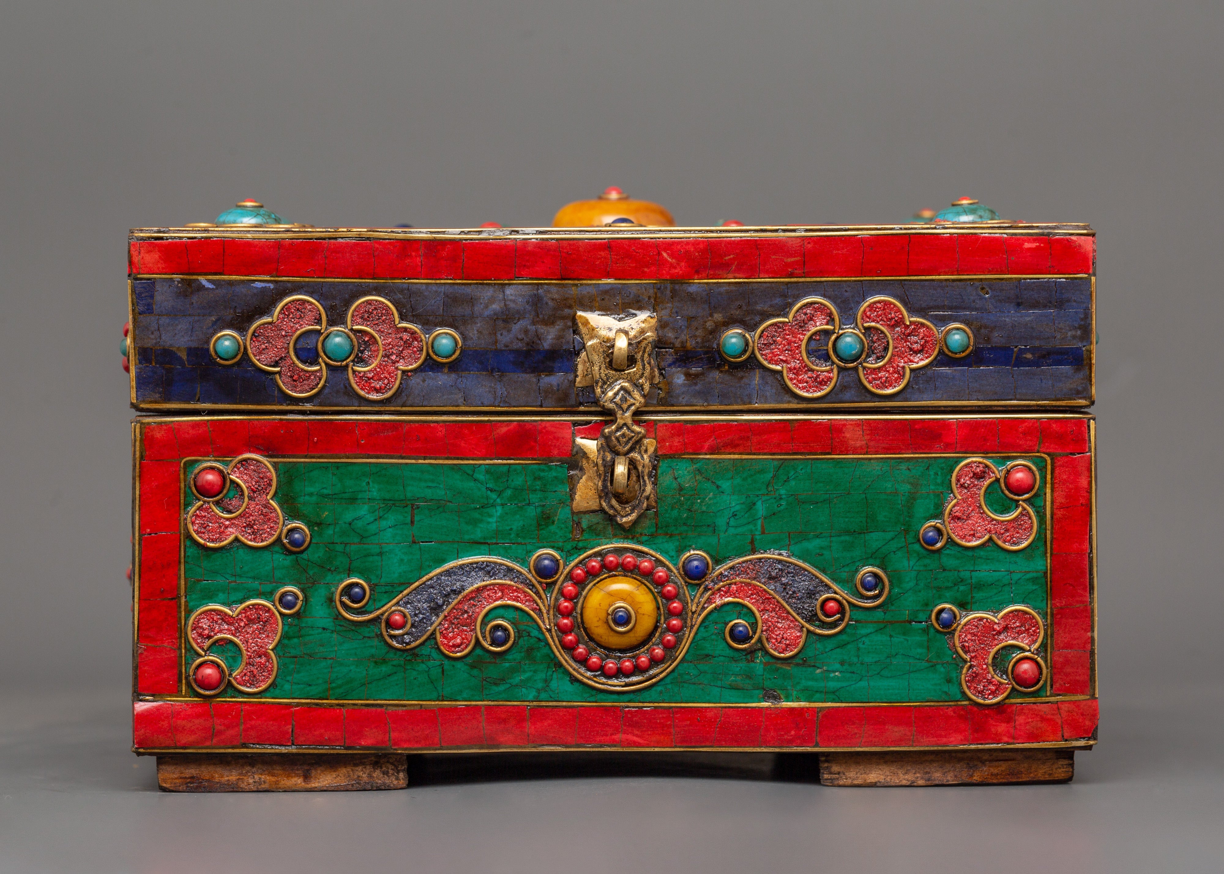 Hand-Painted Tibetan Wooden Box with Brass | Jewelry or Ritual Box
