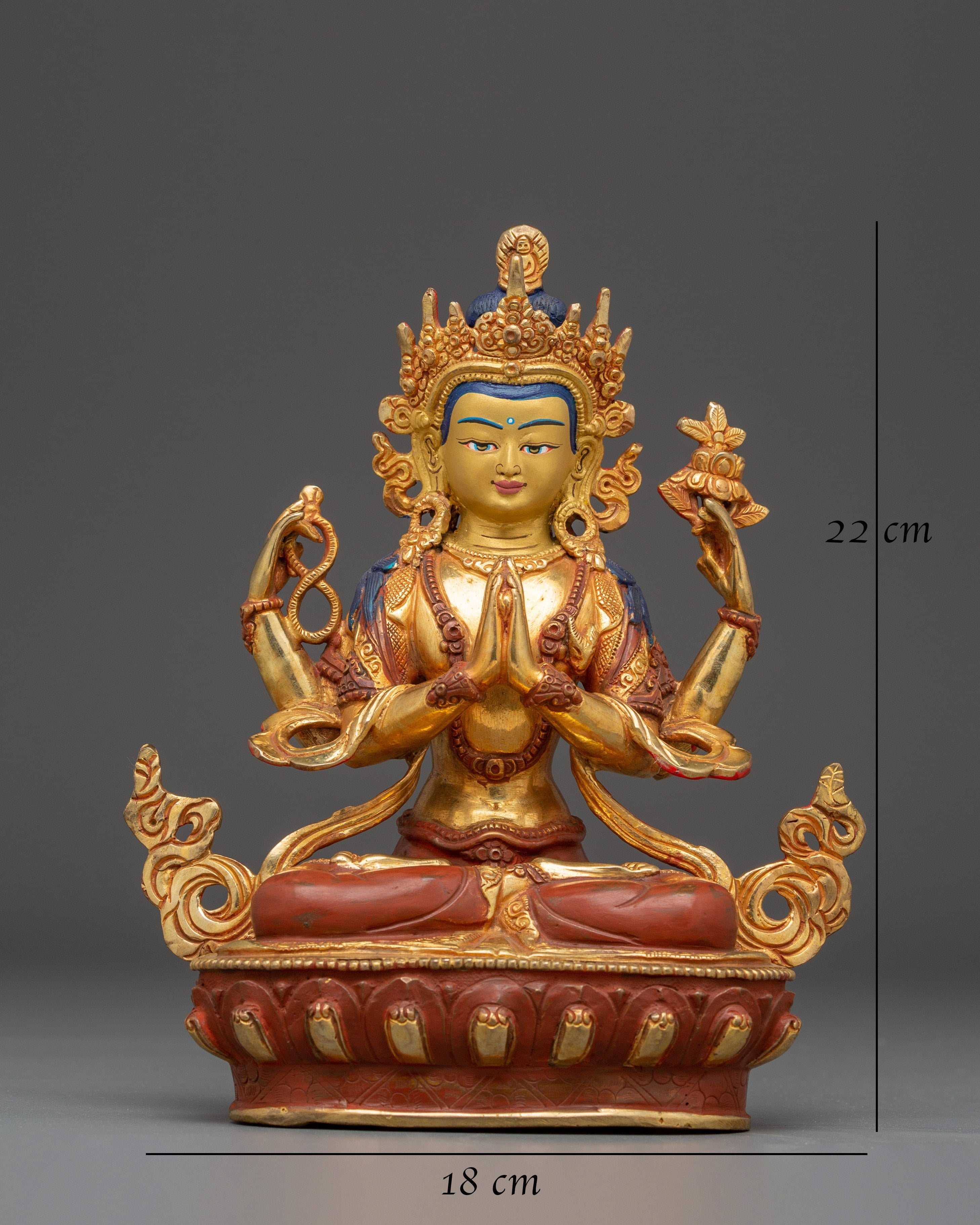 Sacred Statue of Bodhisattva Chenrezig | Copper & Gold Gilded with Acrylic Color