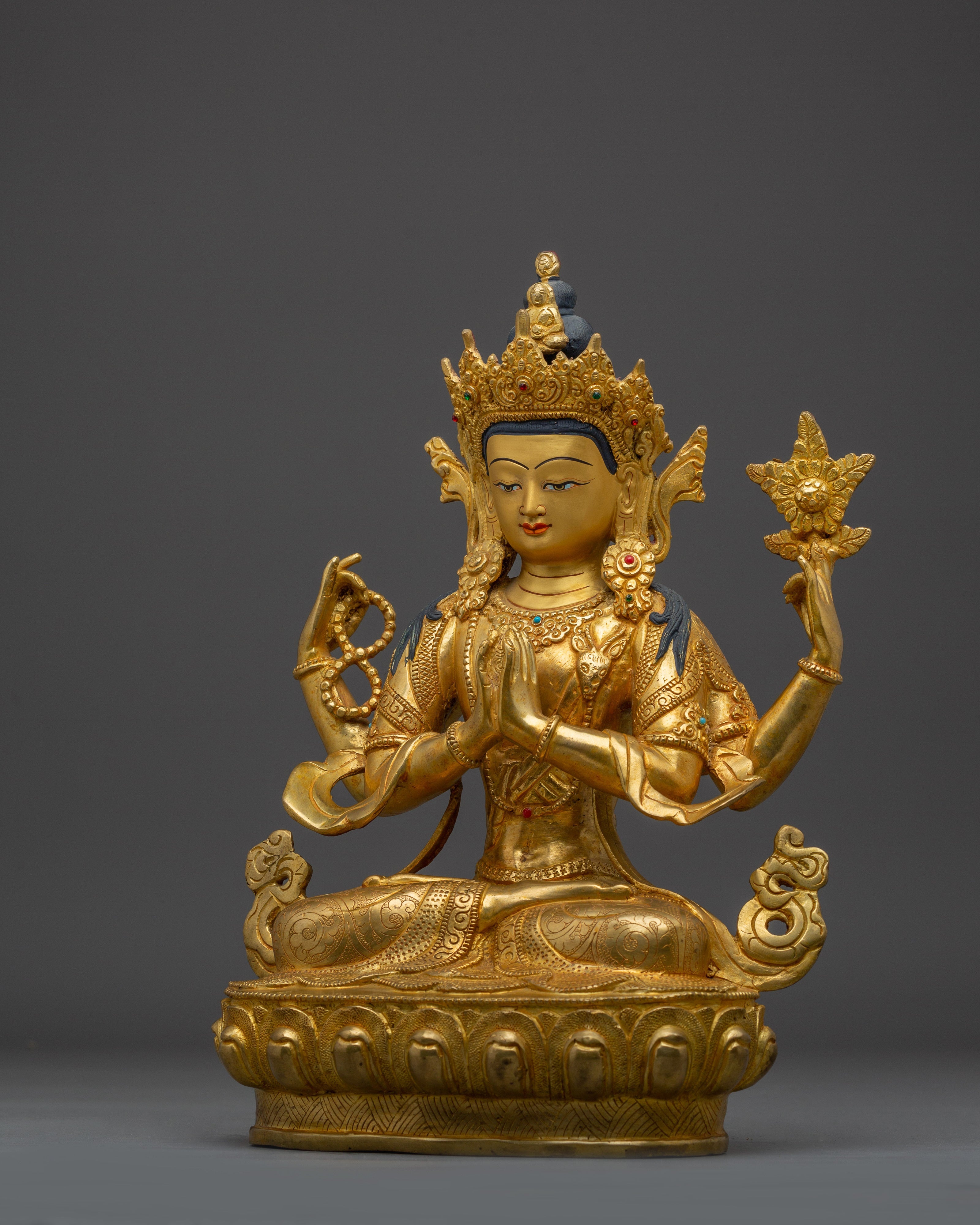Handcrafted Chenrezig Compassion Deity Sculpture | Four-Armed Avalokiteshvara Deity