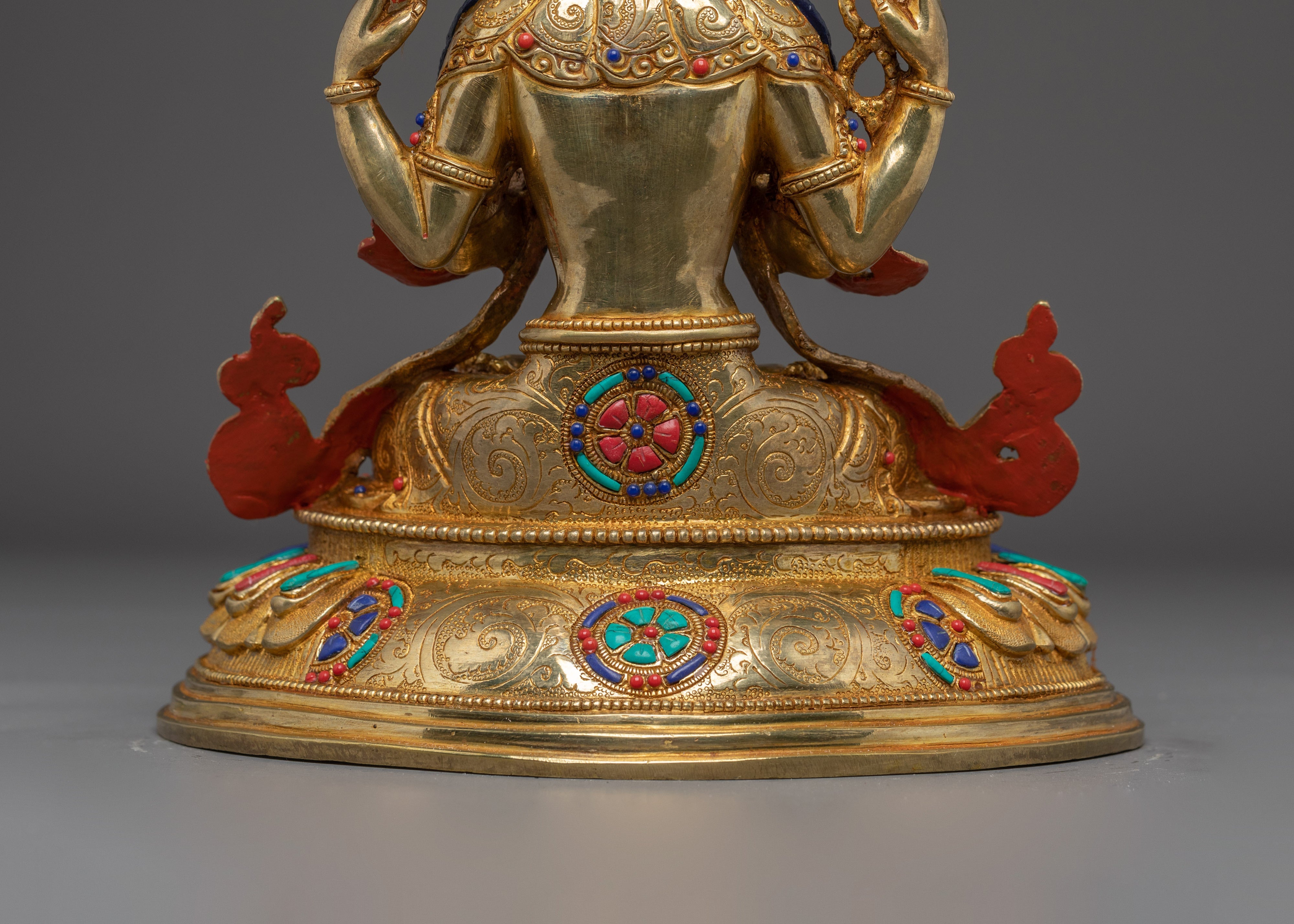 Gold Plated Buddhist Chenrezig Sculpture | Copper Sculpture with Coral & Turquoise