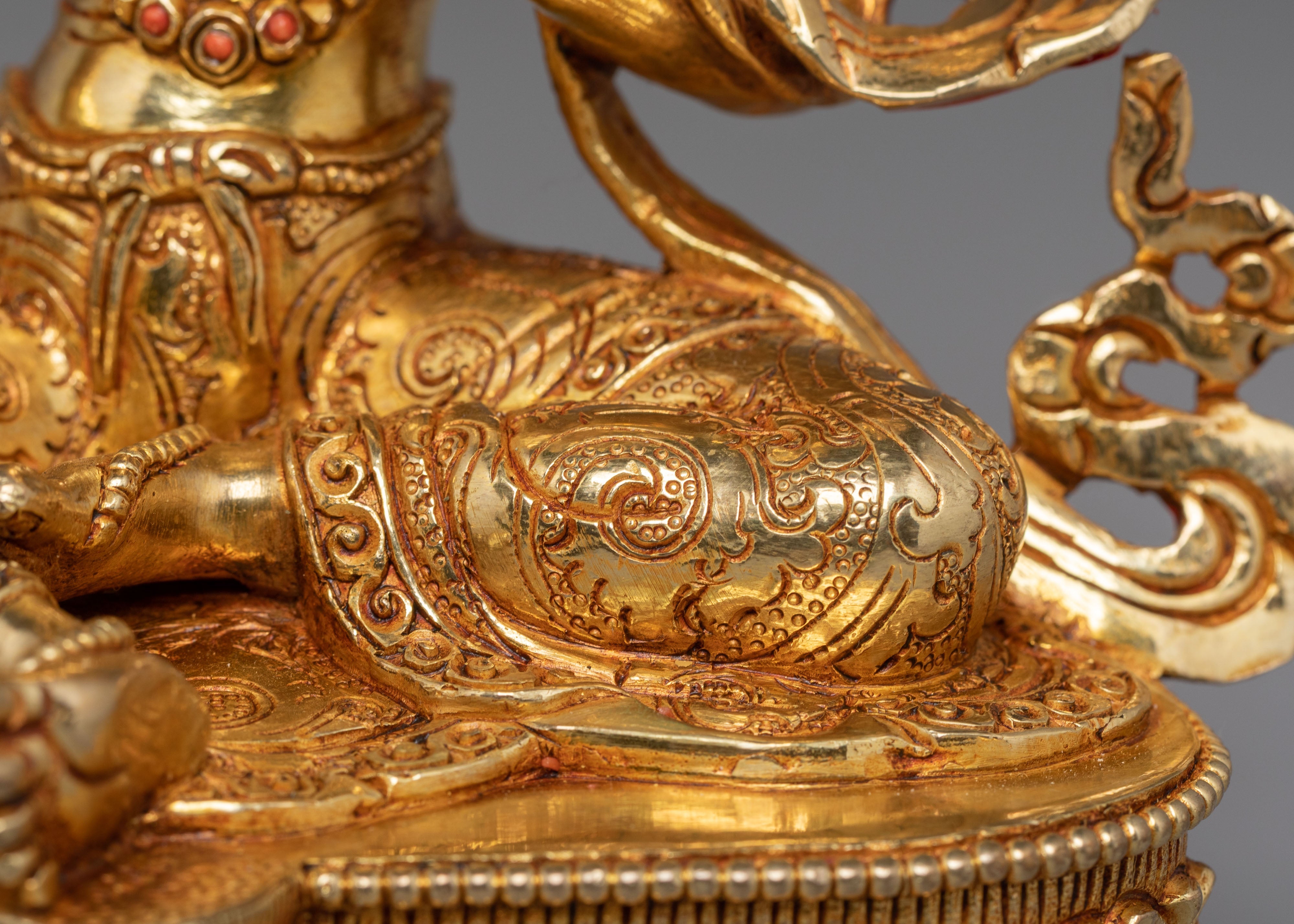 Mother Shyama Tara Sacred Statue | Gold Plated Copper Sculpture with Coral & Turquoise