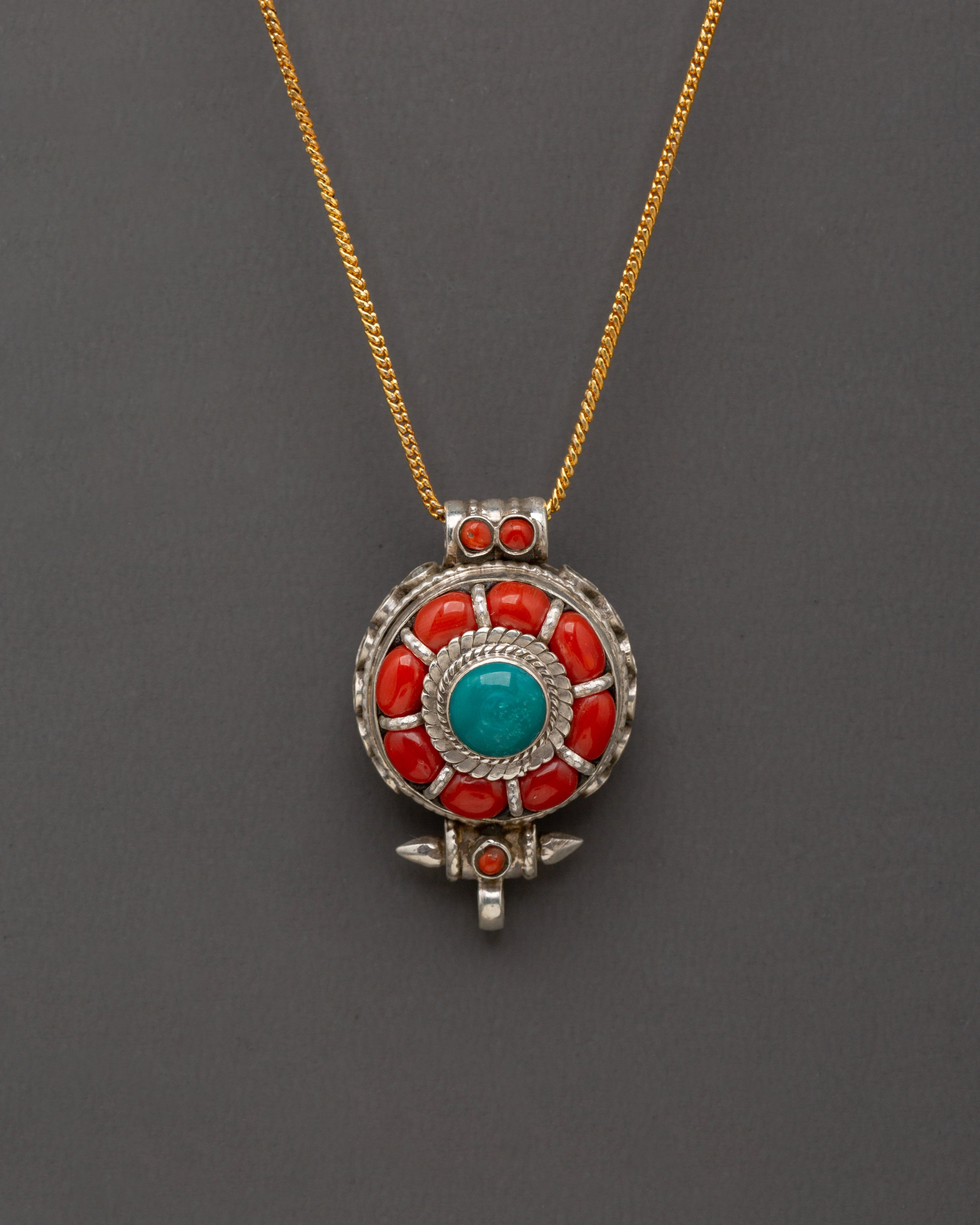 Tribal Prayer Box Locket | Tibetan Sterling Silver Jewelry with Coral & Turquoise
