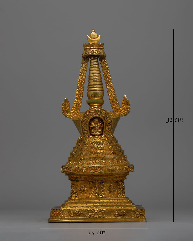 Exquisite Tibetan Stupa with Gold-Plated Buddha Figurine | Religious Tibetan Art