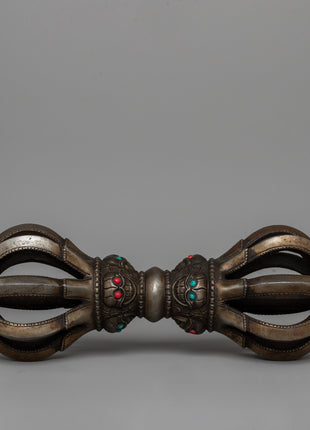 Iron Vajra with a Wooden Base and Turquoise Coral Inlays | Acrylic Painted Base