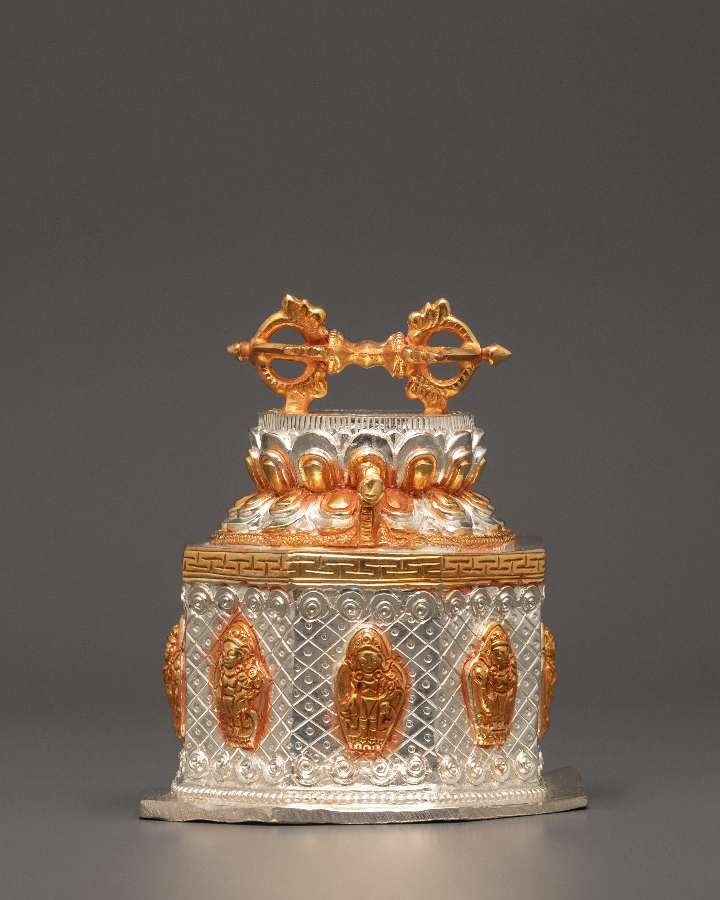 Tibetan Stupa and Vajra Set | Sacred Copper Ritual Items with Gold & Silver Plating